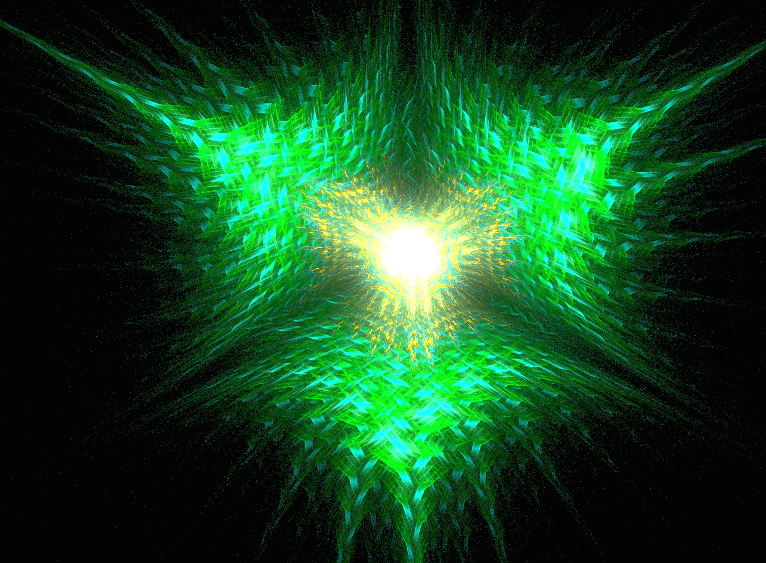 abstract glitter green light, fractal explosion, central light, 2K Desktop Wallpaper