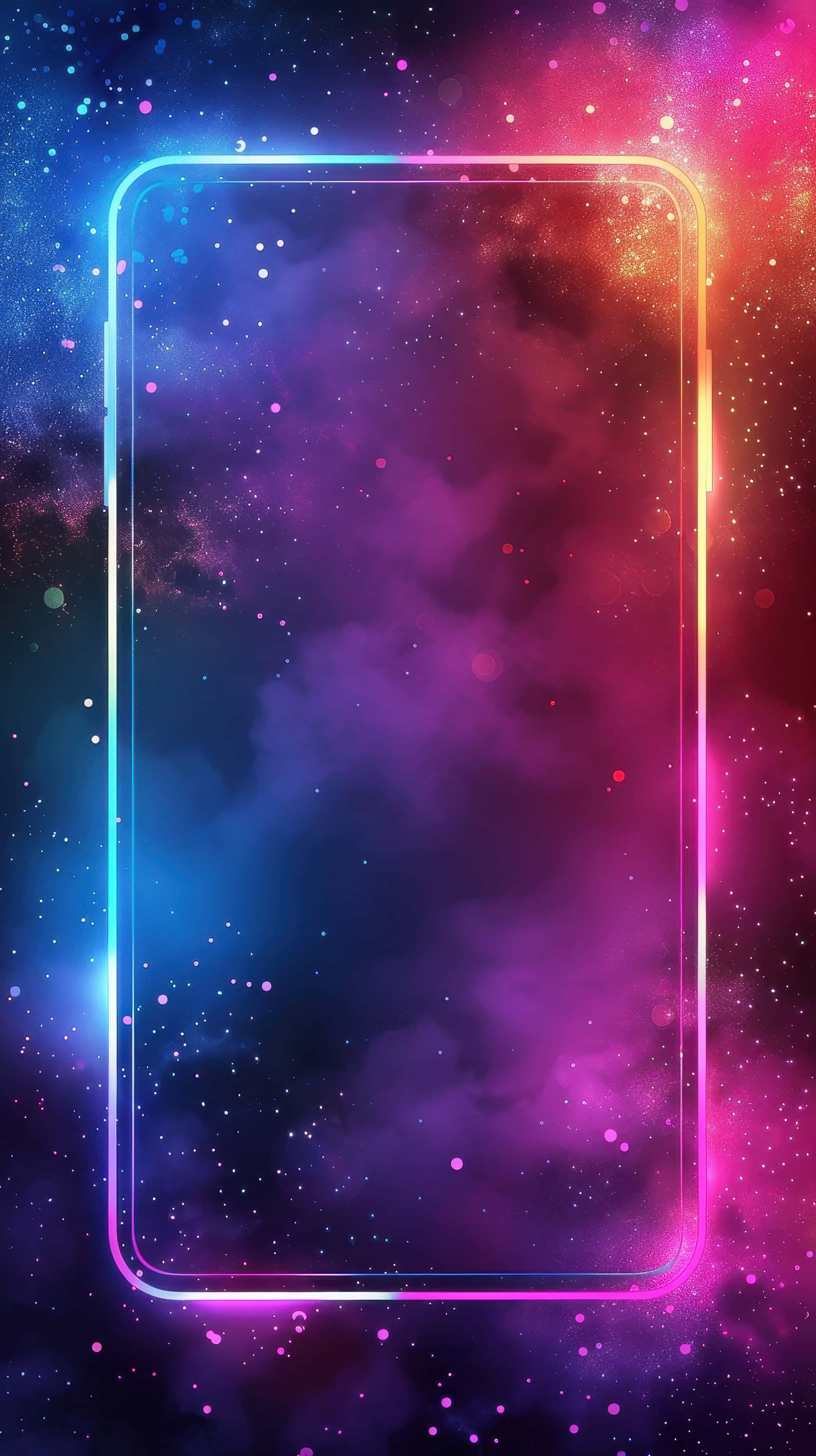 glowing neon rectangle, cosmic nebula, swirling purples pinks and blues, 4K Phone Wallpaper
