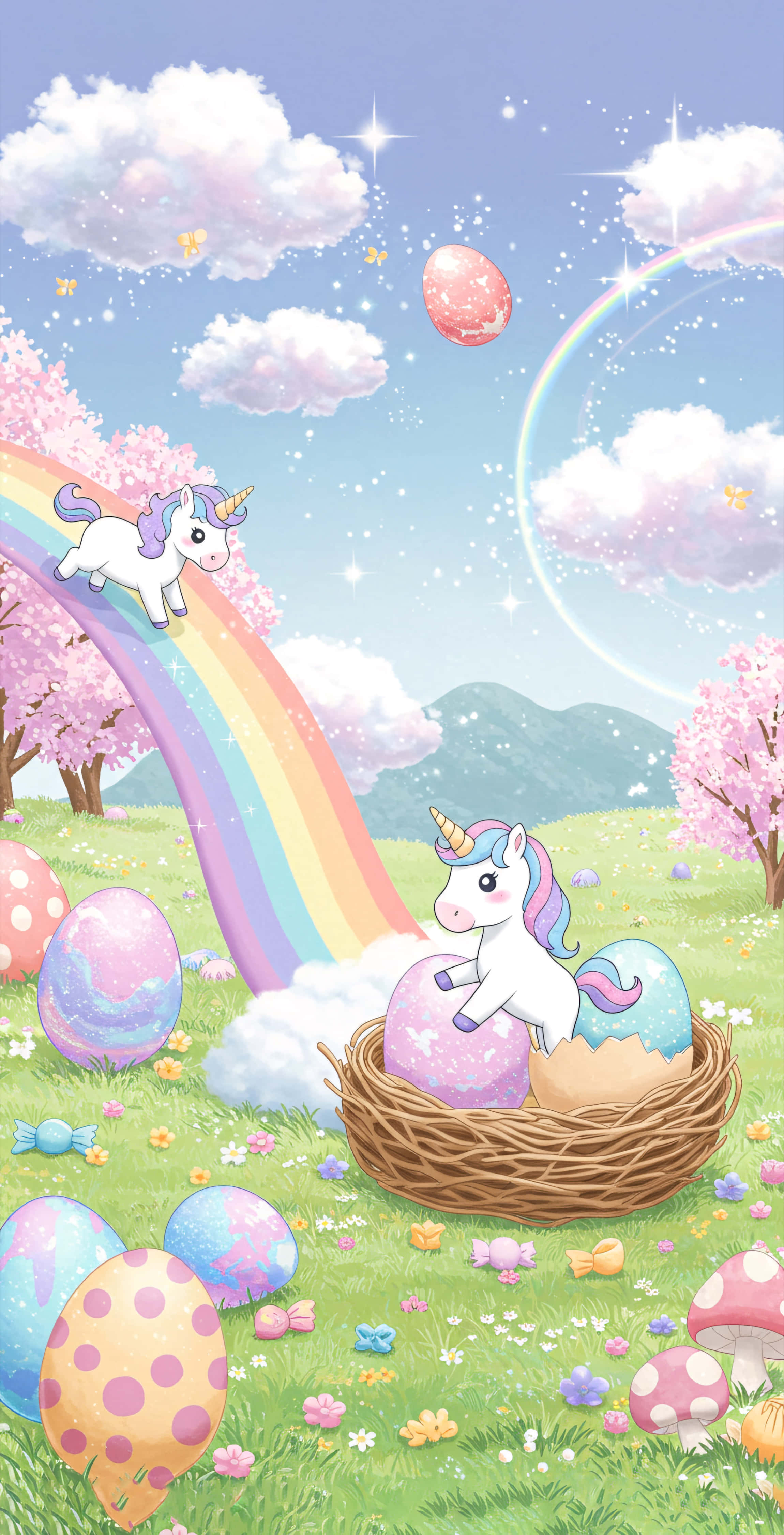 sparkling manes, egg nests, rainbow filled candy cloud meadow, 4K Phone Wallpaper