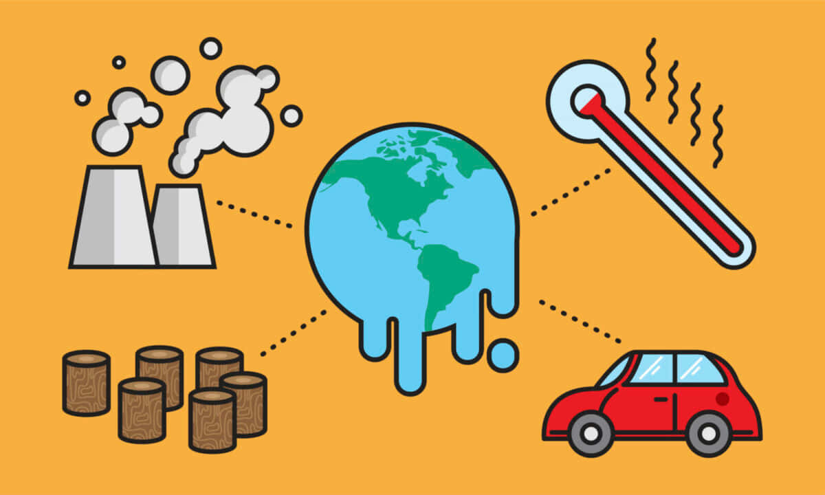 cartoon globe, dotted lines, smoke stacks burning fossil fuels, SD Desktop Wallpaper