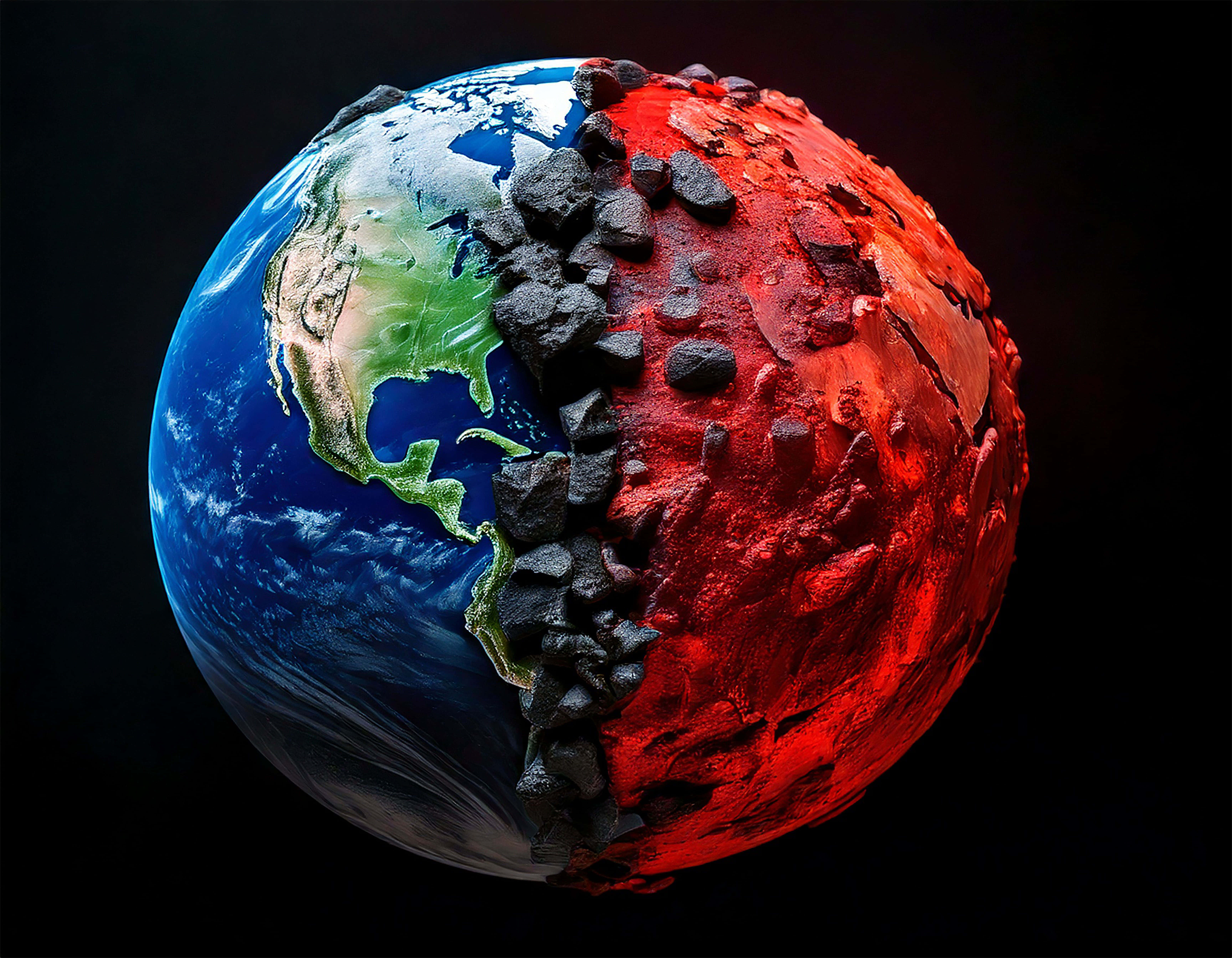 Coal and Earth Fusion, blue green planet, scorched red half, 5K Desktop Wallpaper