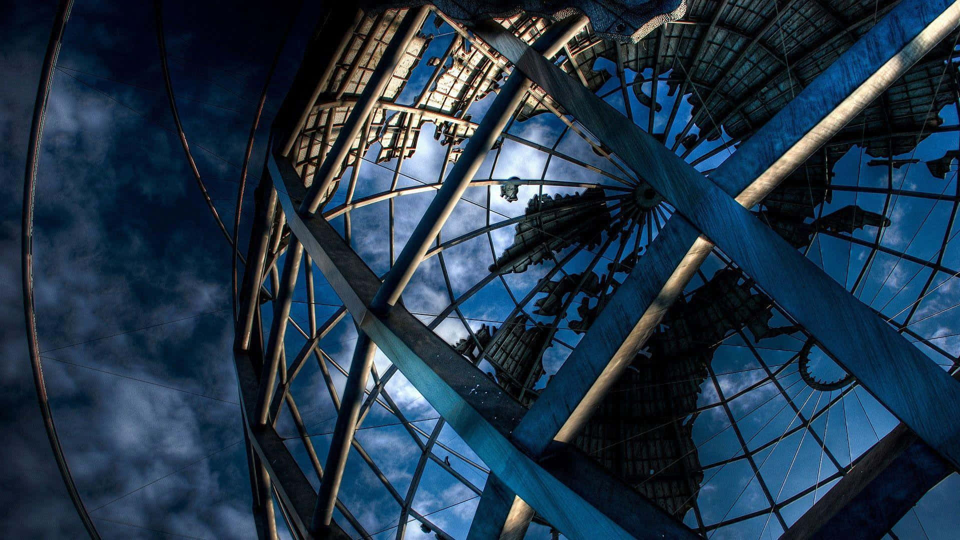 huge metal globe, metallic globe sculpture, cloudy blue sky, Full HD Desktop Wallpaper