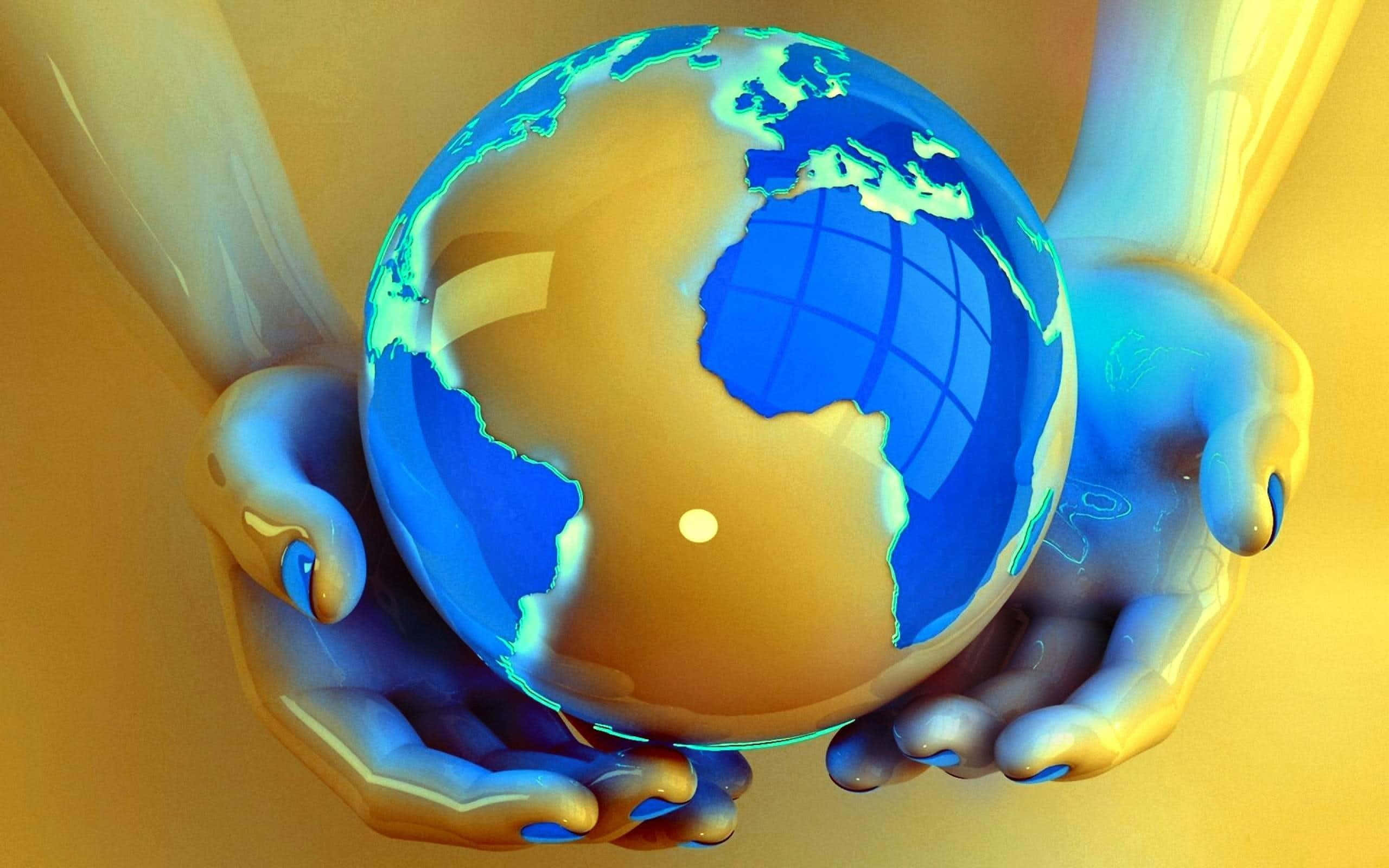 glowing globe map, glossy blue and gold globe, translucent hands, 2K Desktop Wallpaper
