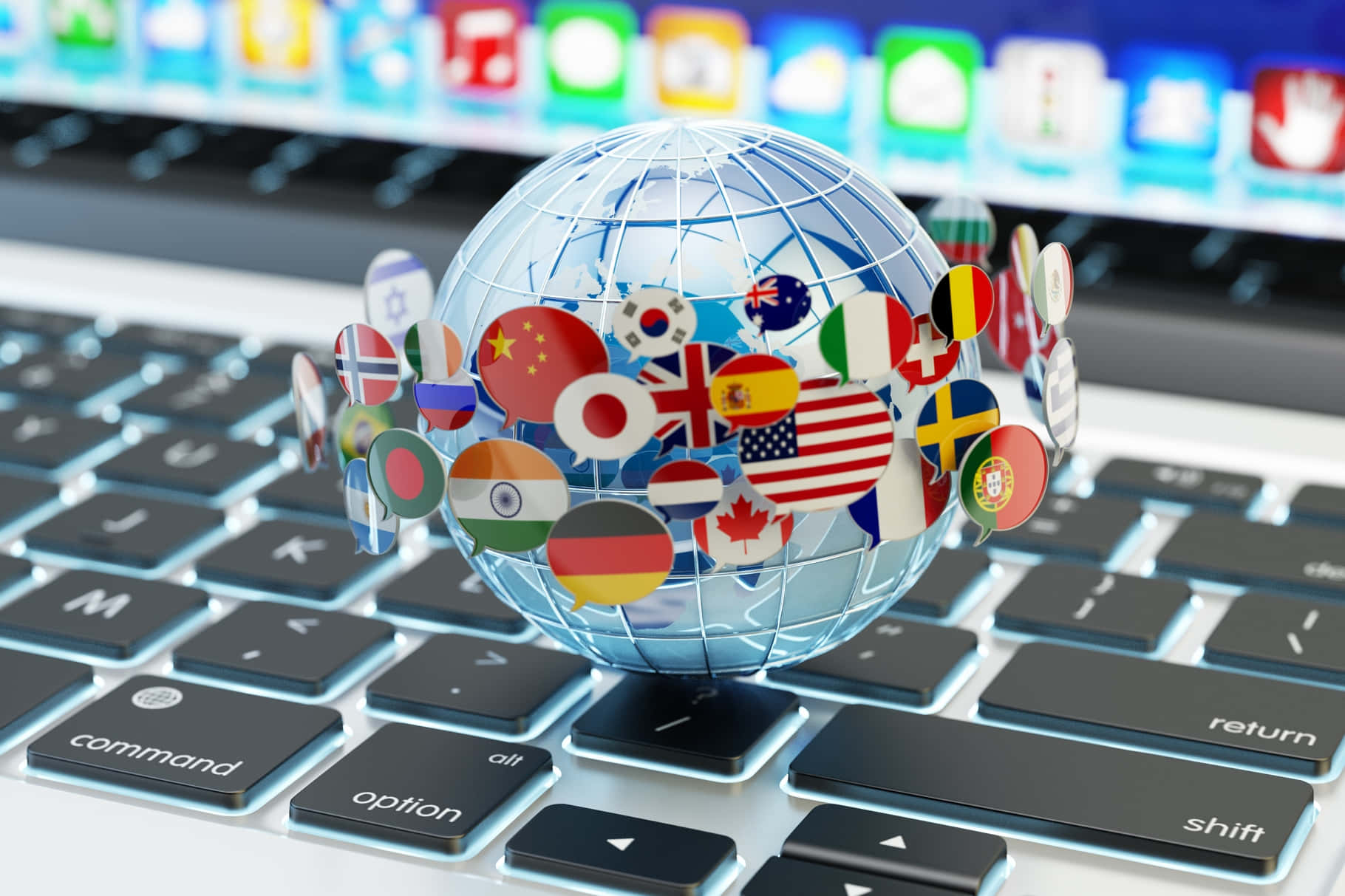 translucent globe, floating national flags, laptop keyboard, HD Desktop Wallpaper