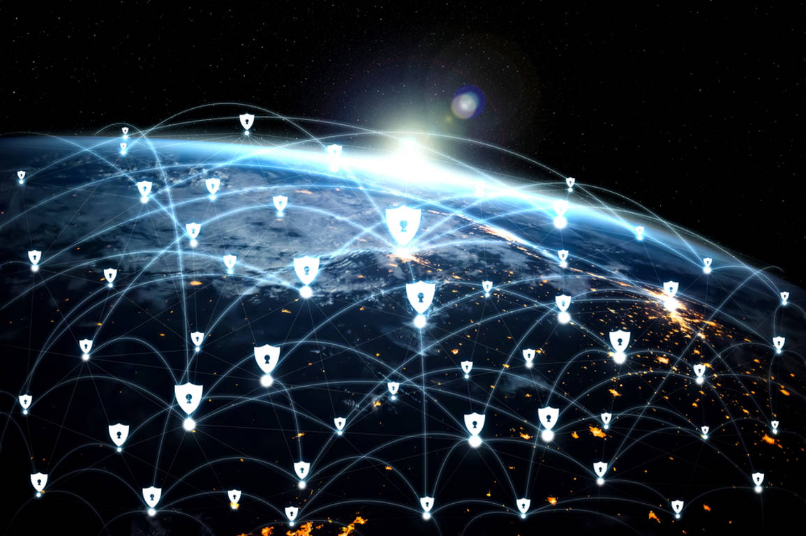 Imperative Global Security, glowing network of shields, Earth, SD Desktop Wallpaper
