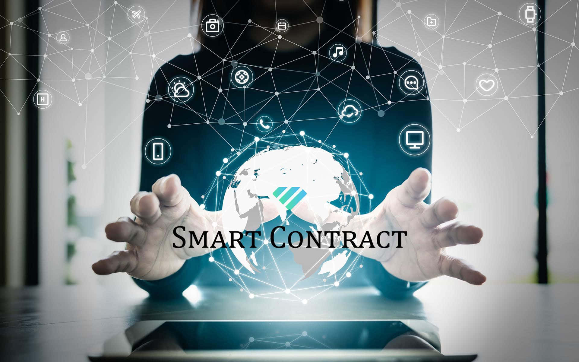 glowing digital globe, interconnected tech icons, smart contract, Full HD Desktop Wallpaper