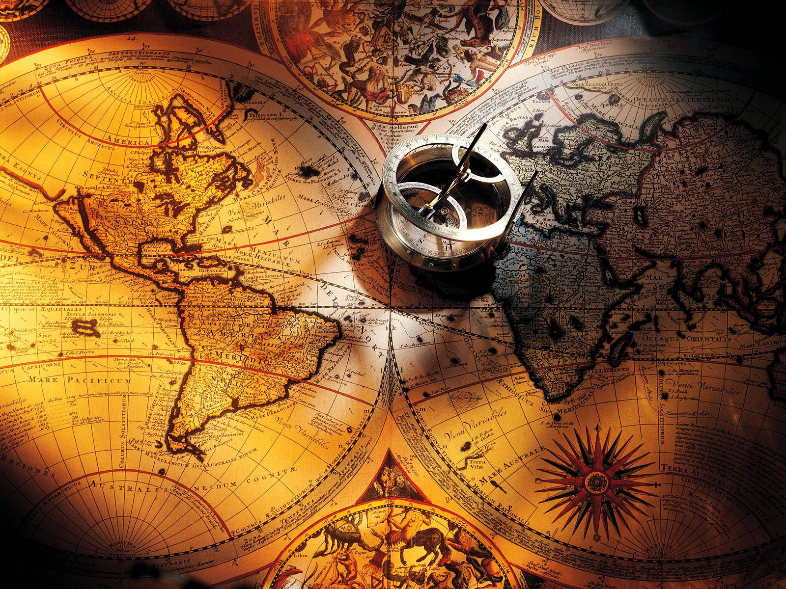 vintage brass compass, antique world map, warm golden light, HD Desktop Wallpaper