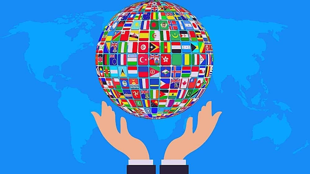 globe, colorful national flags, blue world map background, SD Desktop Wallpaper