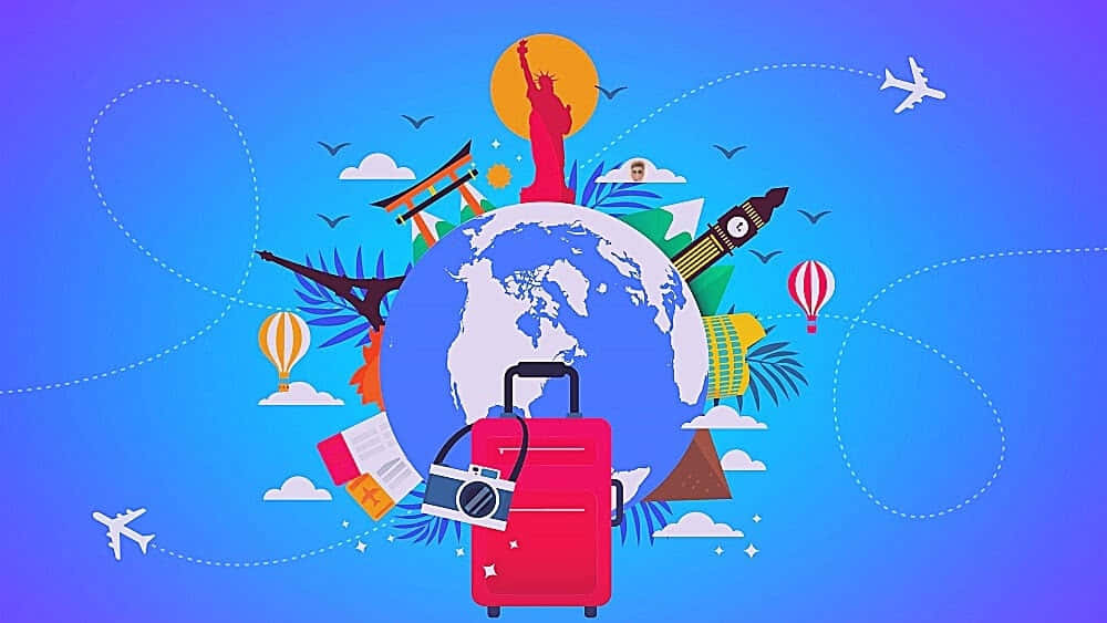 red suitcase, globe, iconic global landmarks, SD Desktop Wallpaper
