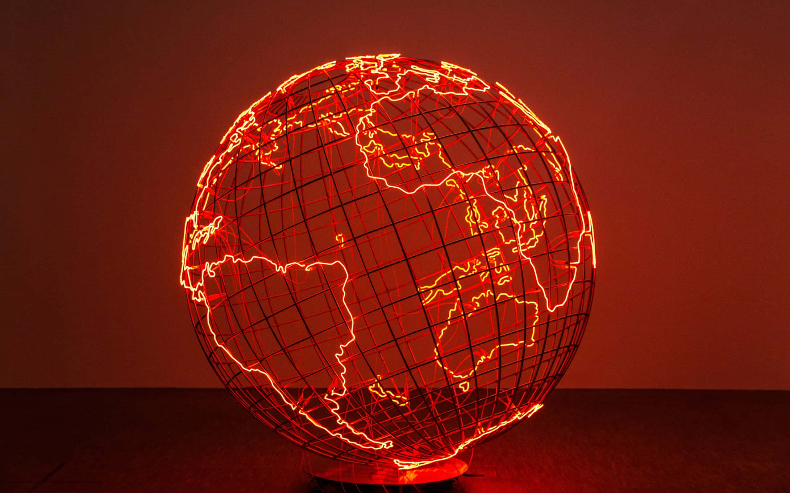 neon red sculpture, globe map, glowing red wireframe globe, 2K Desktop Wallpaper