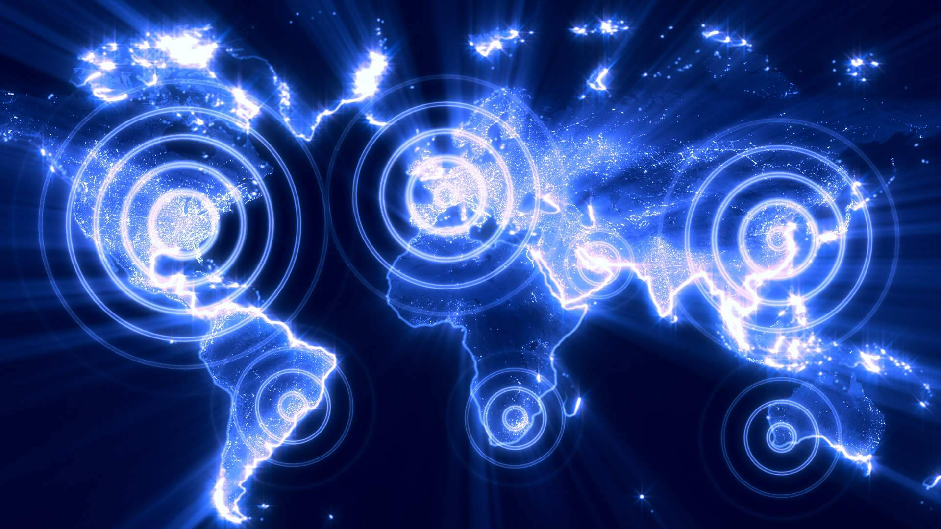 glowing blue digital world map, radiant light bursts, concentric circles, Full HD Desktop Wallpaper