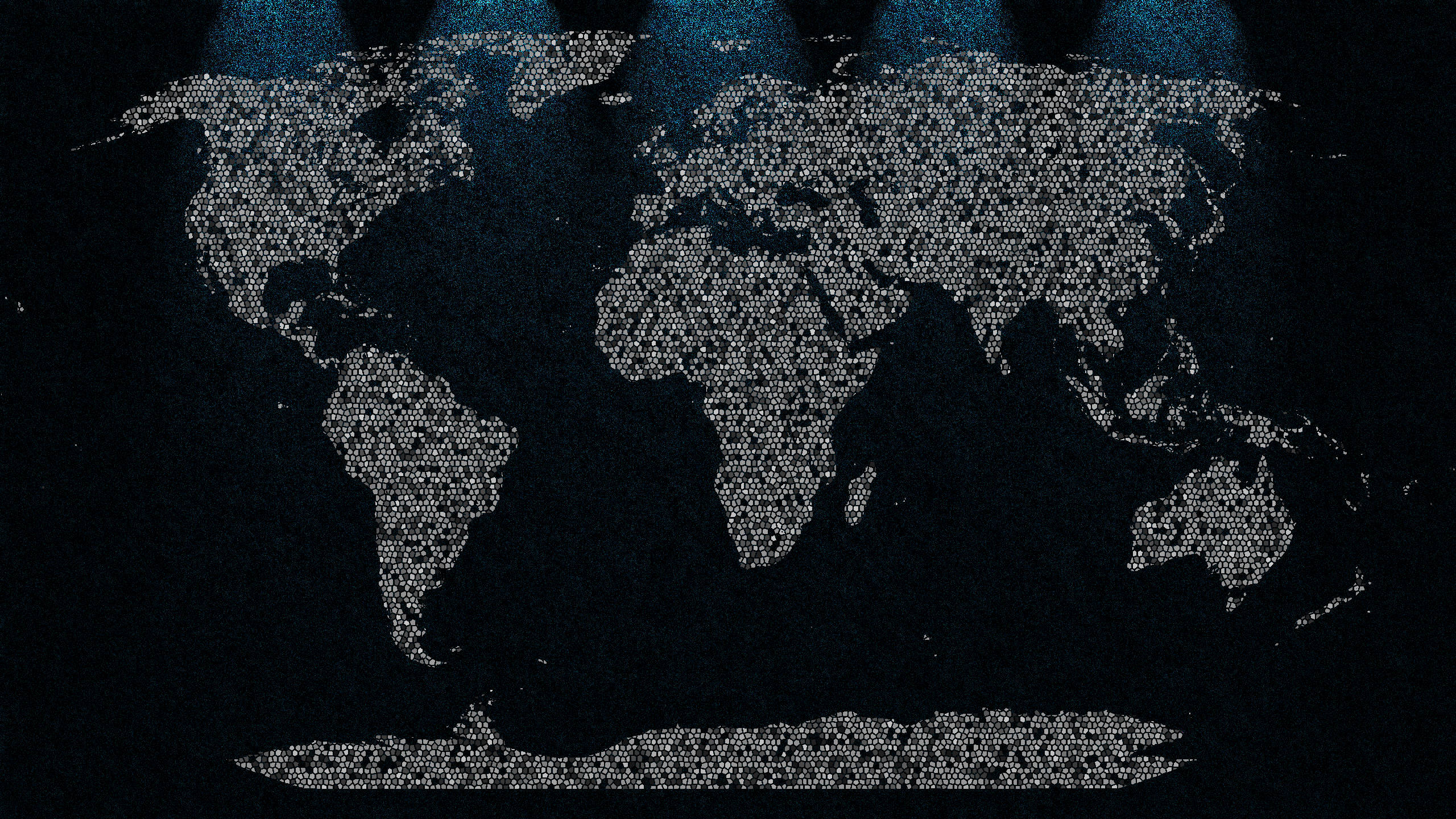 pixels world map, glowing dots, dark stage-like background, 2K Desktop Wallpaper