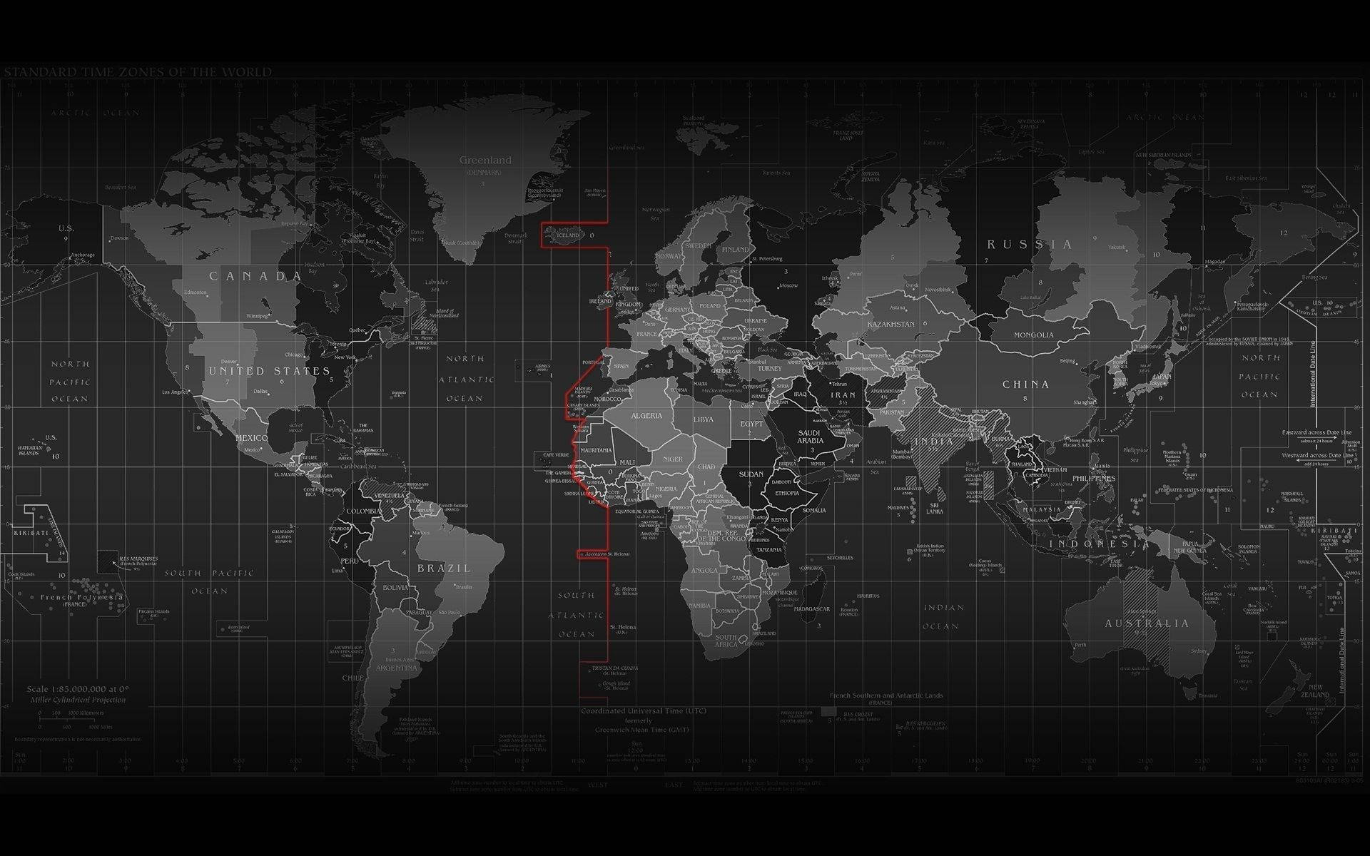 widescreen b w world map, monochrome world map, red line, Full HD Desktop Wallpaper