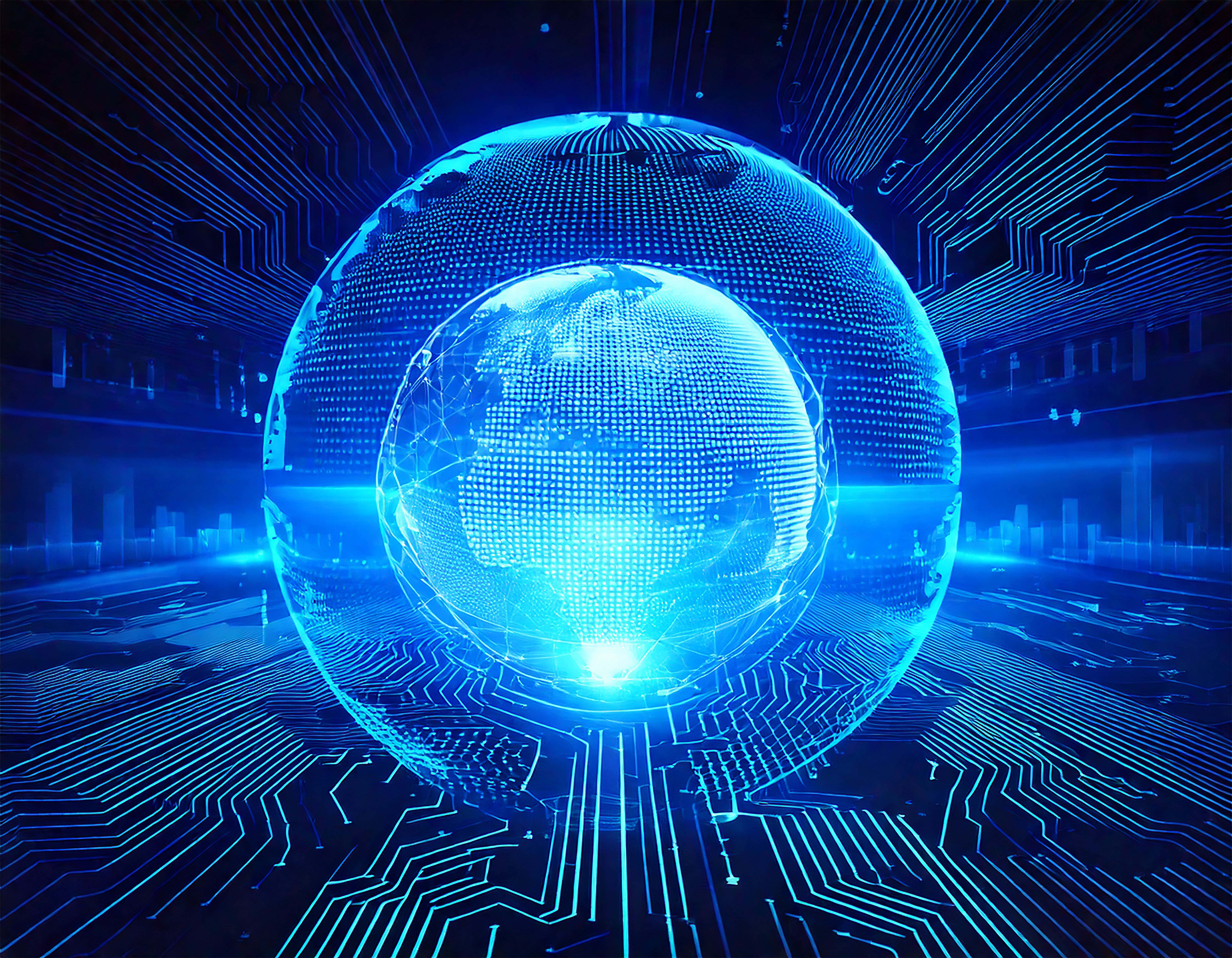 glowing blue digital globe, pixelated continents, circuit board floor, 8K Desktop Wallpaper