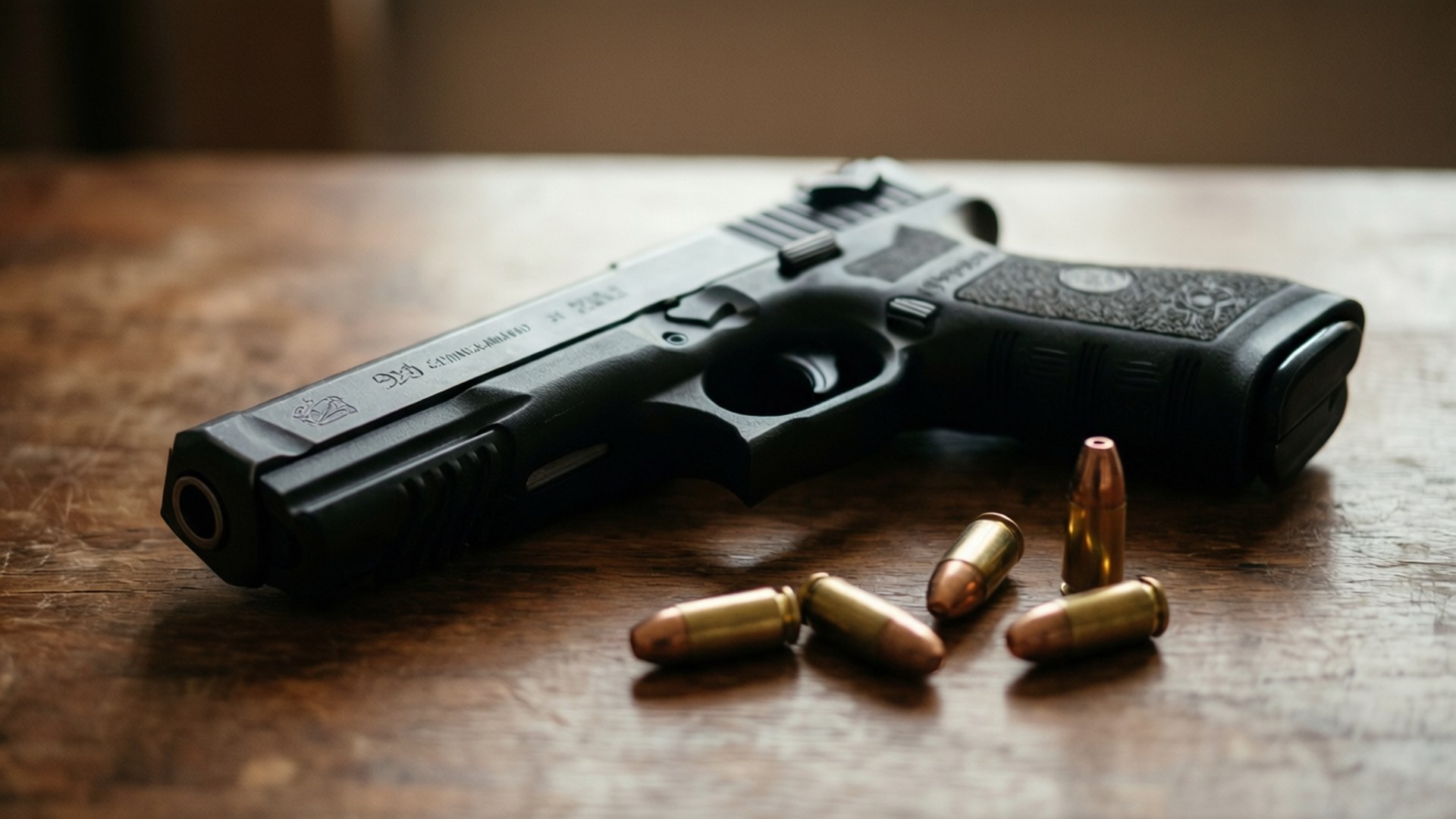 Glock, black semi-automatic pistol, worn wooden table, Full HD Desktop Wallpaper