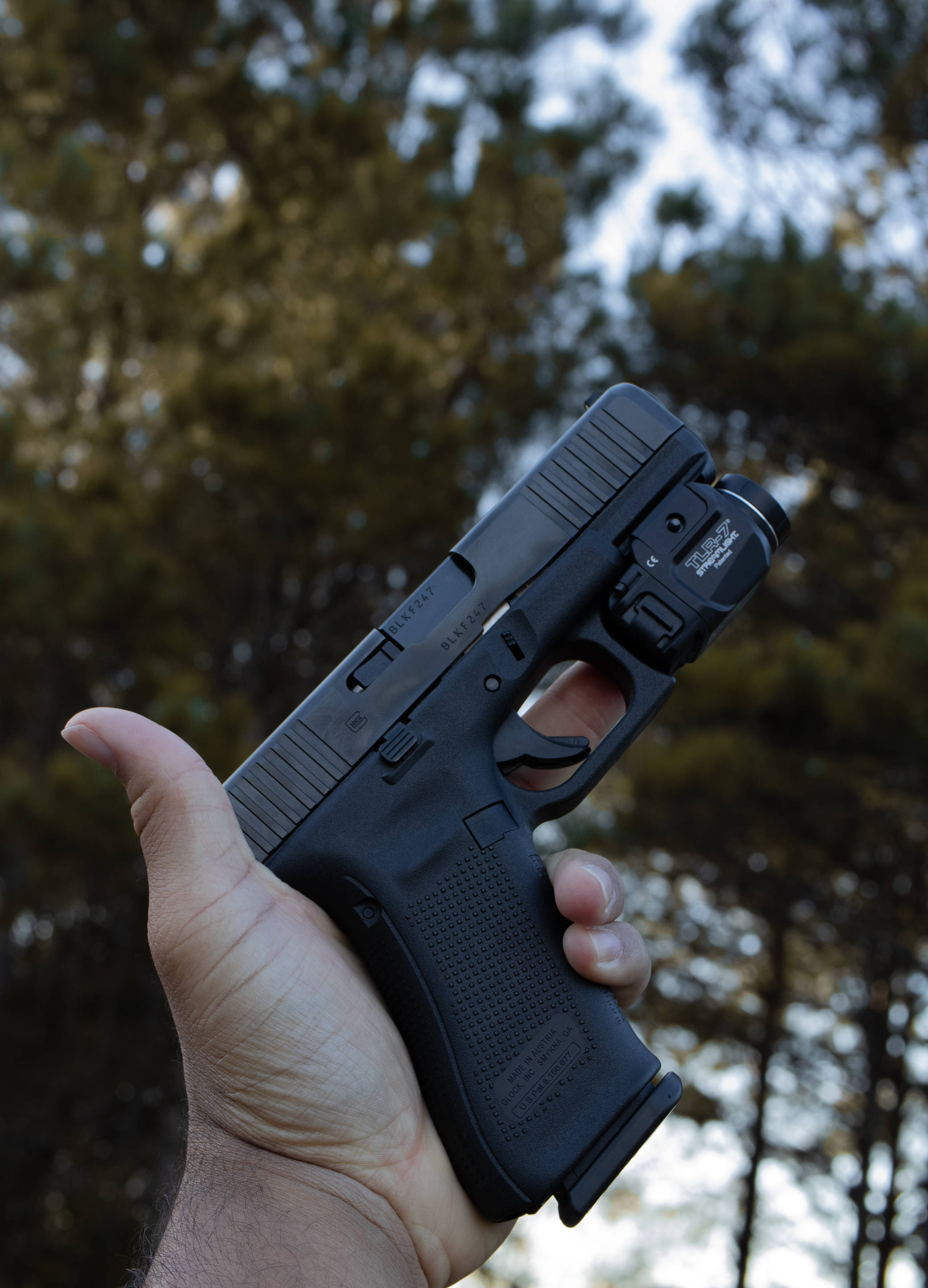 Glock, black semi-automatic pistol, mounted flashlight, 2K Phone Wallpaper