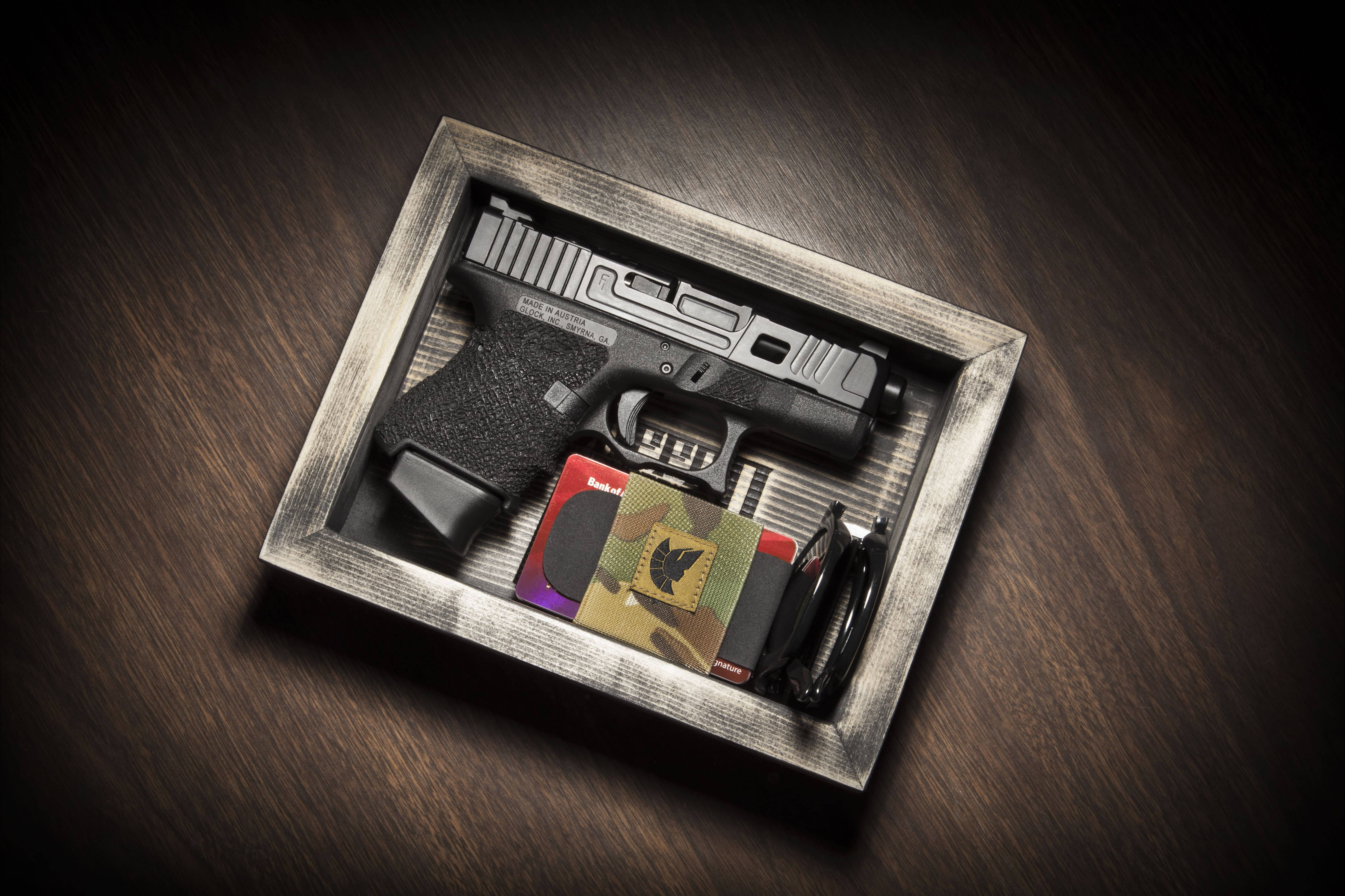 Glock, black handgun, weathered wooden tray, 5K Desktop Wallpaper