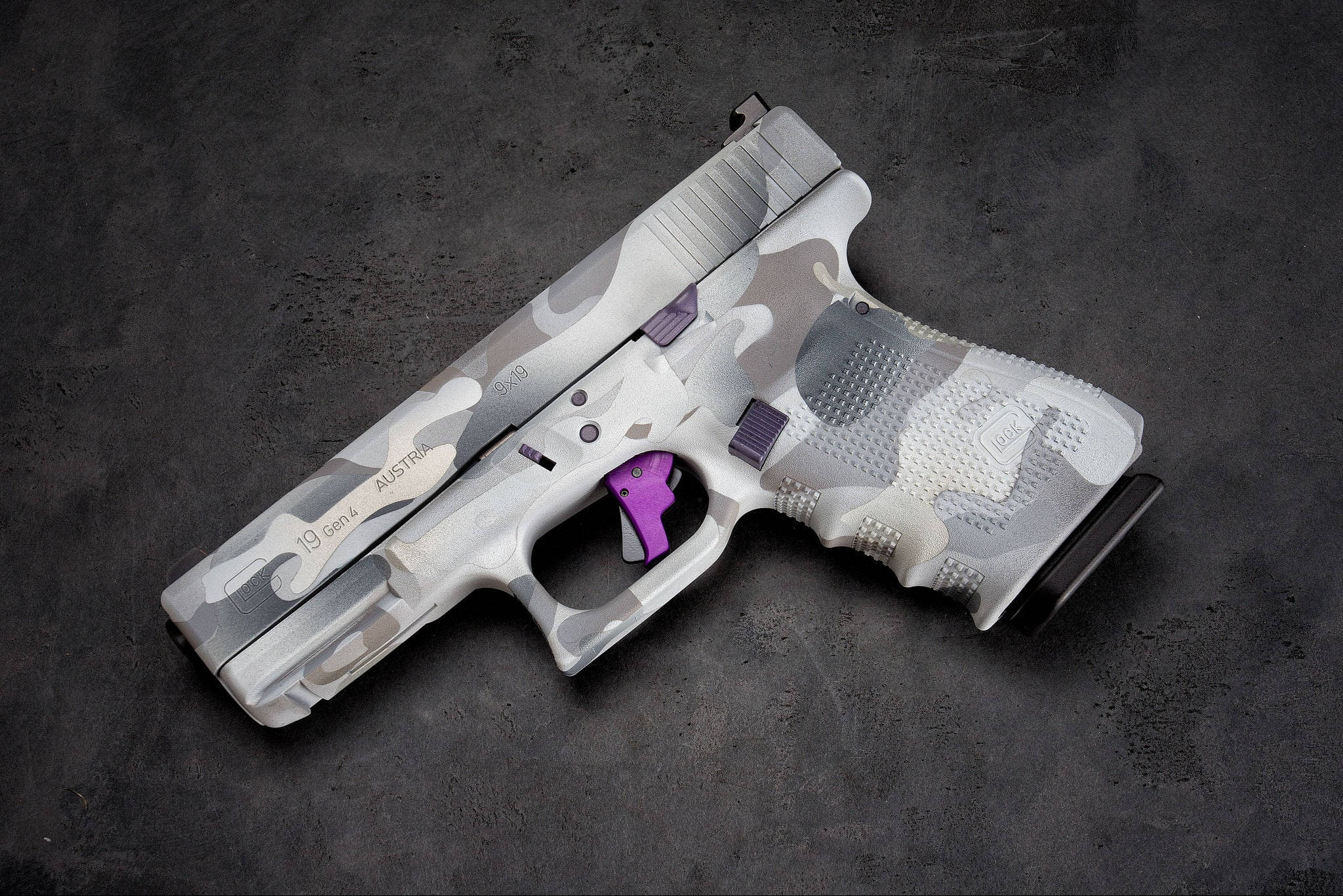 Glock 19, arctic camouflage, silver, Full HD Desktop Wallpaper