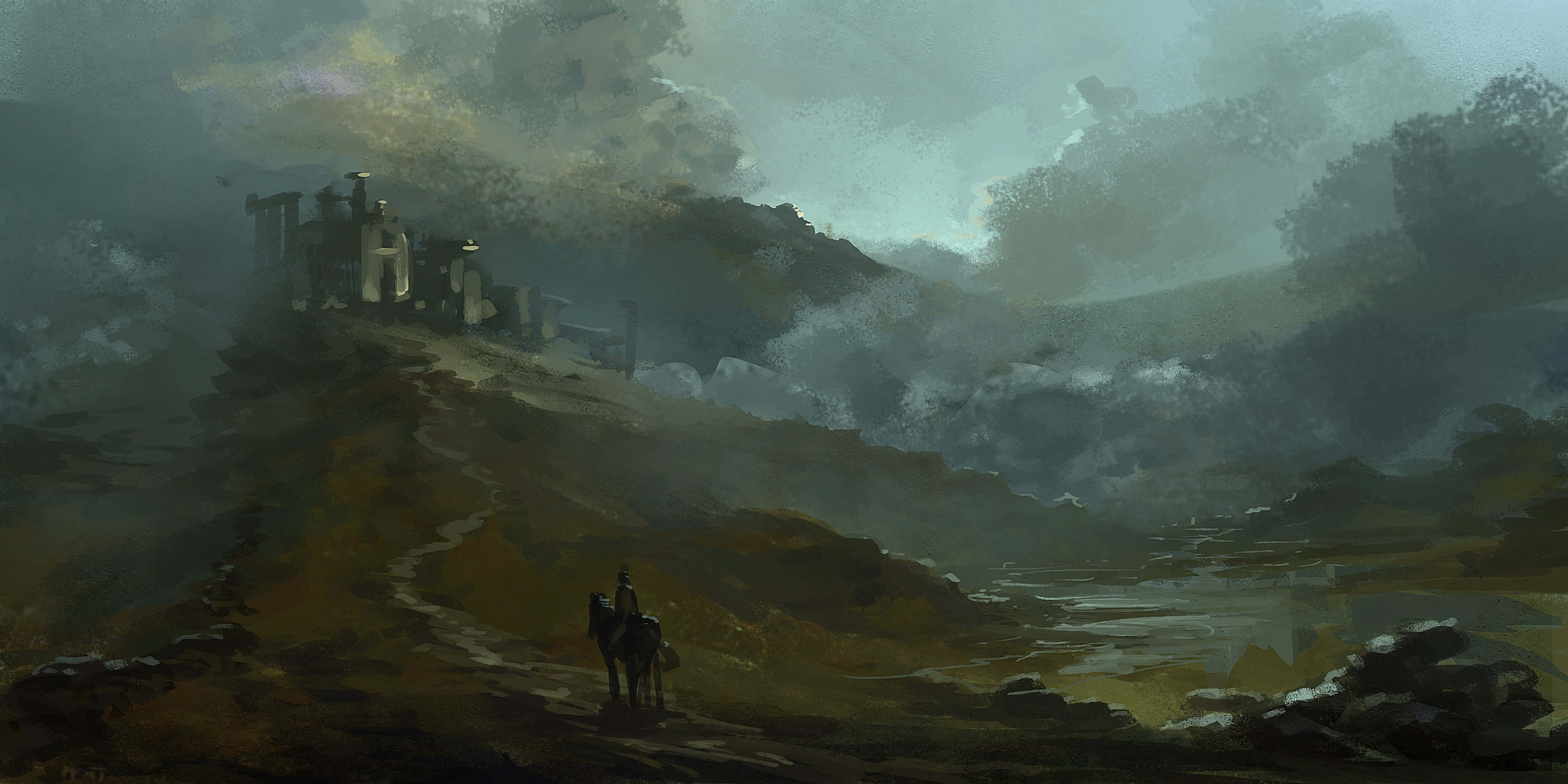 castle on a hill, lone rider on horseback, misty ruin, 4K Desktop Wallpaper