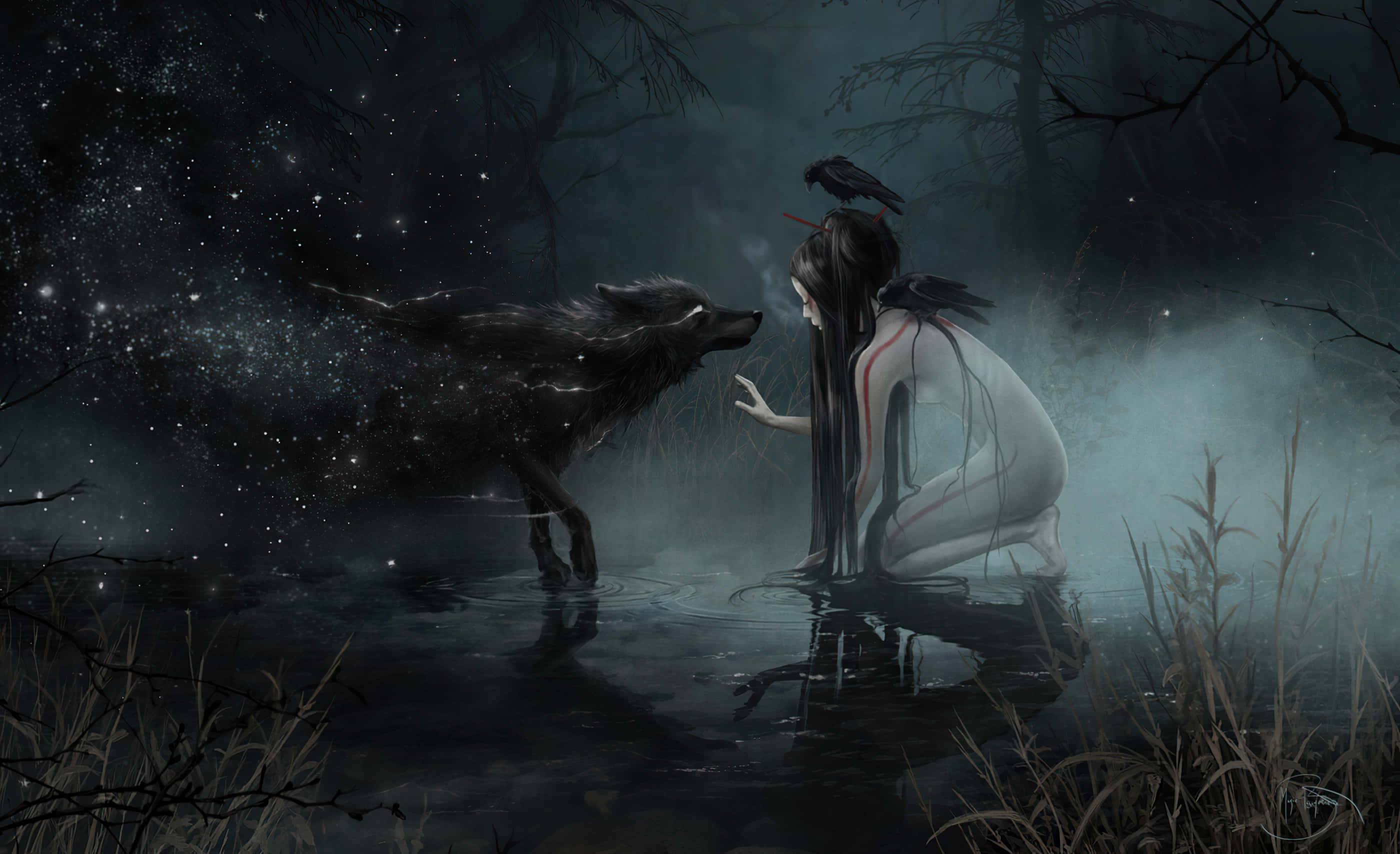 Gloomy, ghostly woman in white, misty water, 2K Desktop Wallpaper