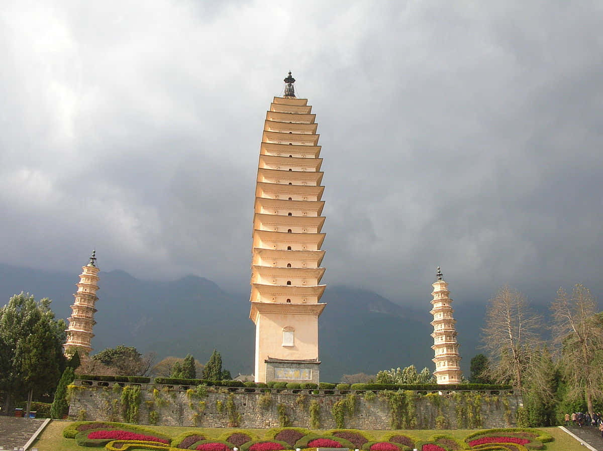 three pagodas, gloomy sky, mountains, SD Desktop Wallpaper