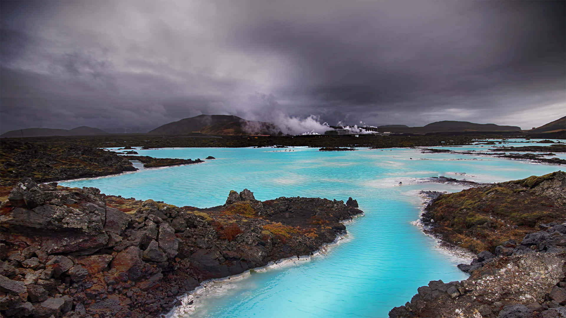 blue lagoon, turquoise thermal pools, brooding gray sky, Full HD Desktop Wallpaper