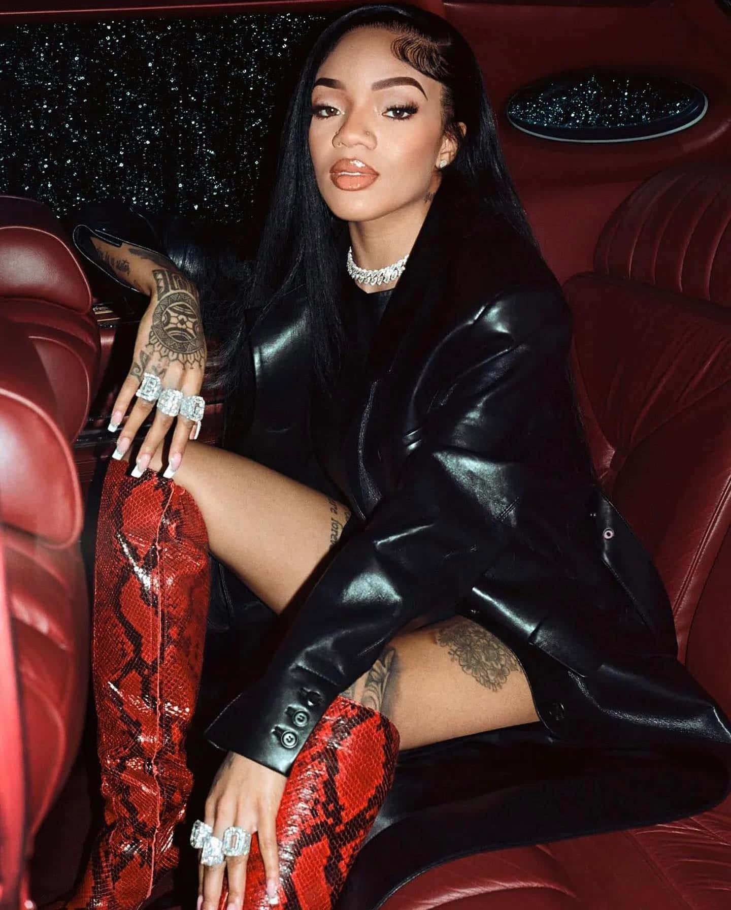 Glorilla, red leather car seat, black leather jacket, HD Phone Wallpaper