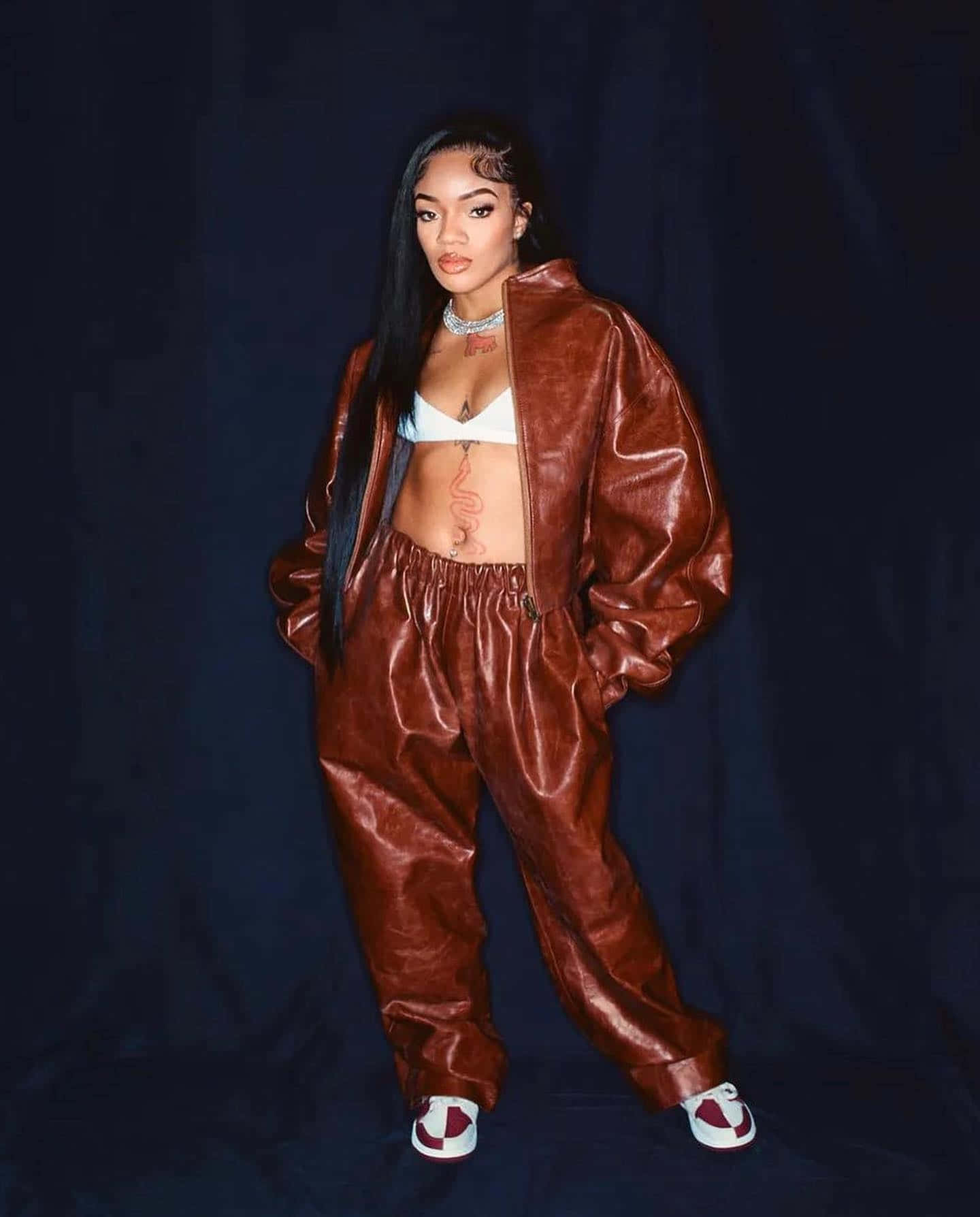 Glorilla, shiny brown leather jumpsuit, white sneakers, HD Phone Wallpaper