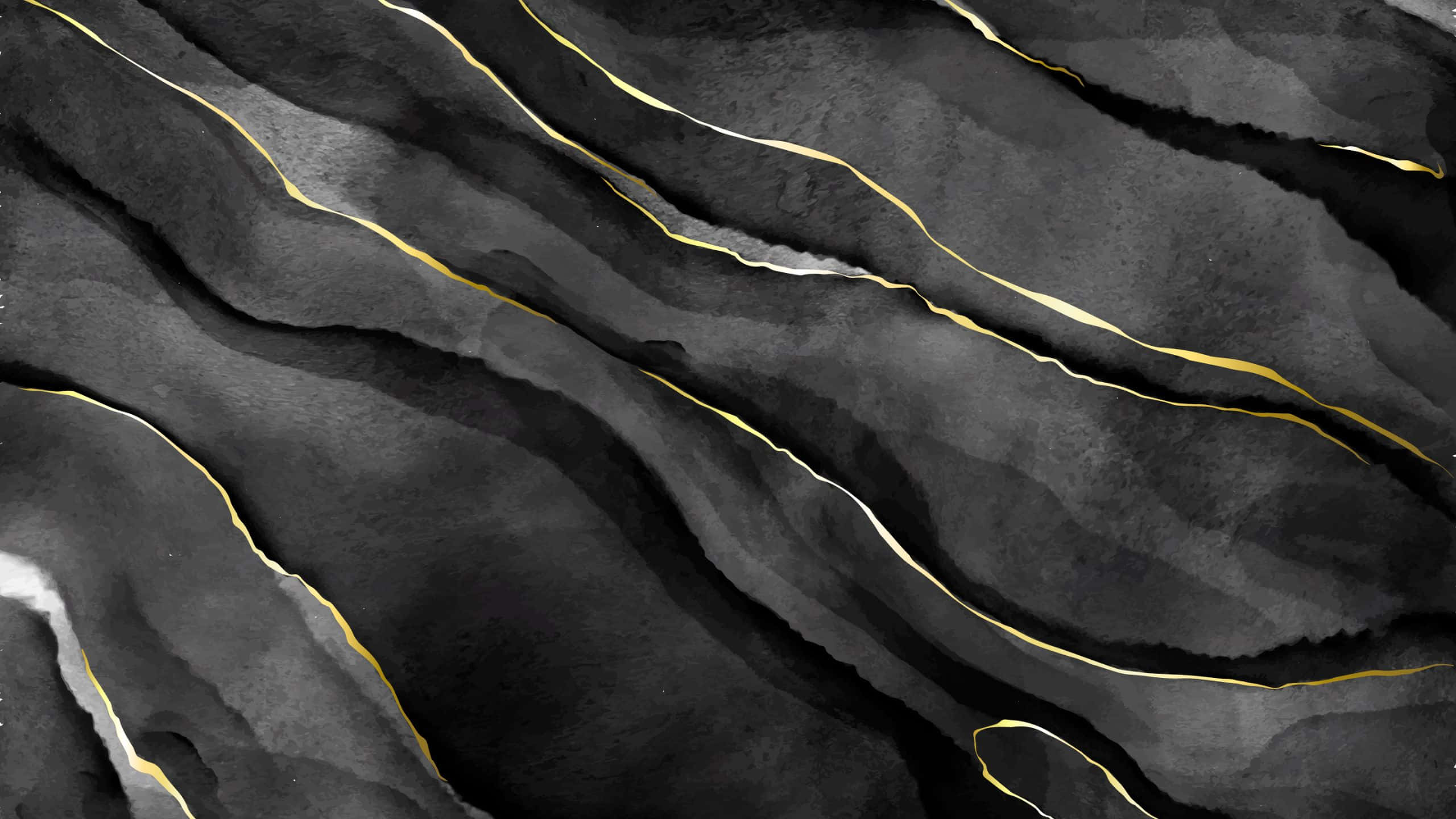 Glossy Black, black watercolor waves, golden lines, 2K Desktop Wallpaper