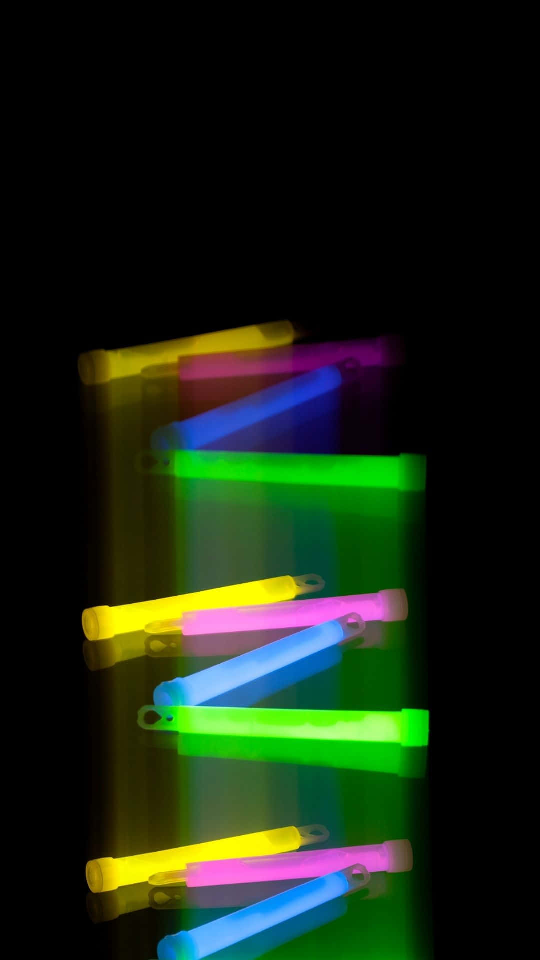 neon glow sticks, yellow pink blue and green, black background, Full HD Phone Wallpaper
