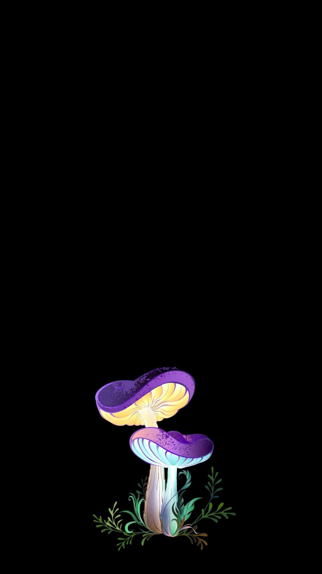 glowing purple mushrooms, yellow gills, stark black background, Full HD Phone Wallpaper
