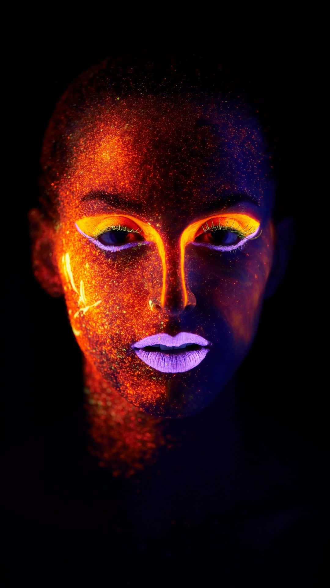 glowing night sky, vibrant orange and purple neon makeup, black background, Full HD Phone Wallpaper