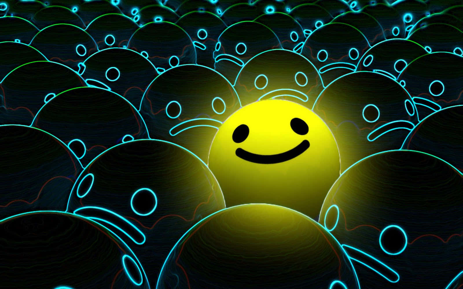 glowing yellow smiley face, dark blue outlined frowning faces, smiley face, HD Desktop Wallpaper