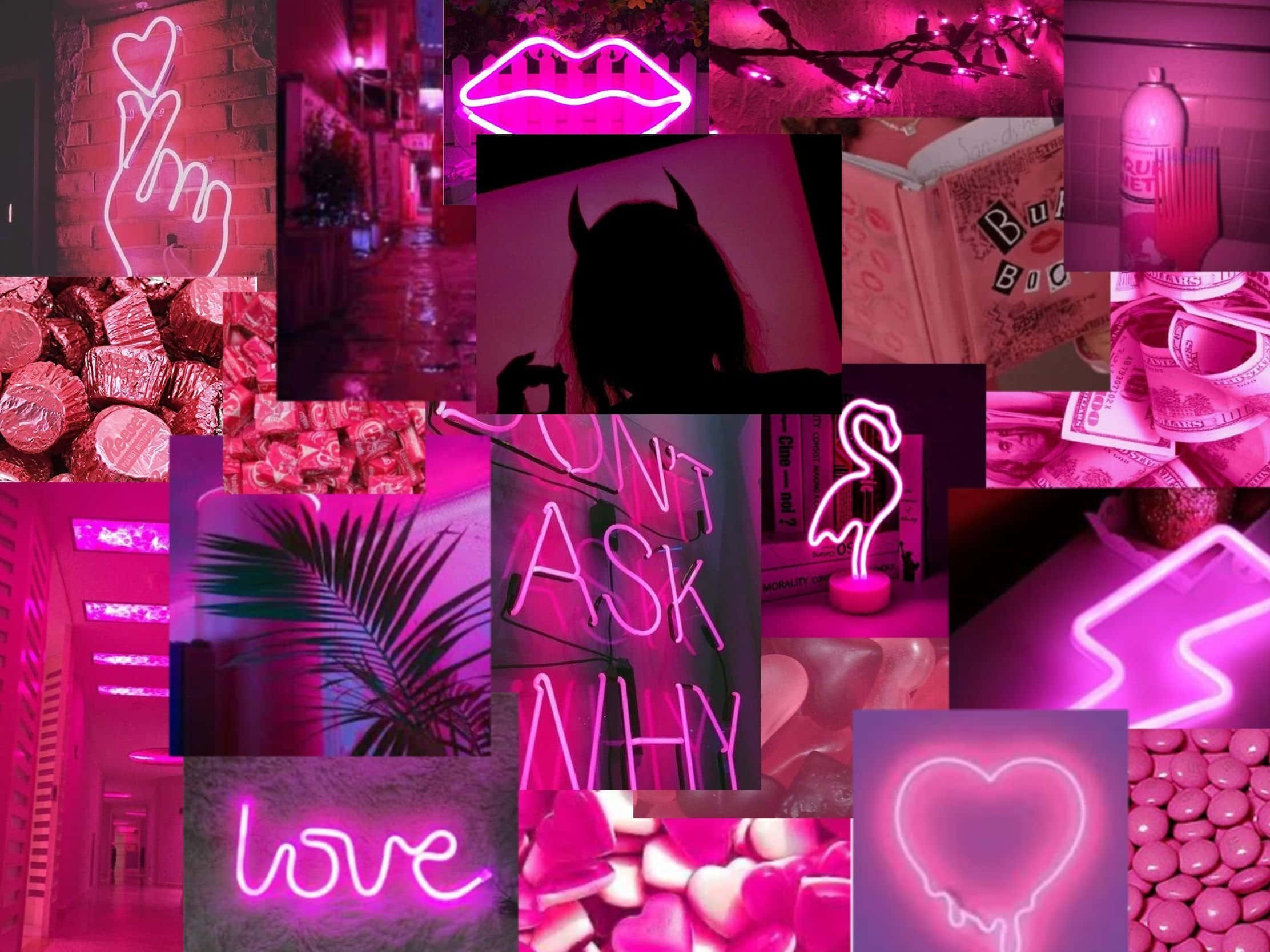 Vibrant Neon Pink Collage Aesthetic, heart lips hands, candy, Full HD Desktop Wallpaper