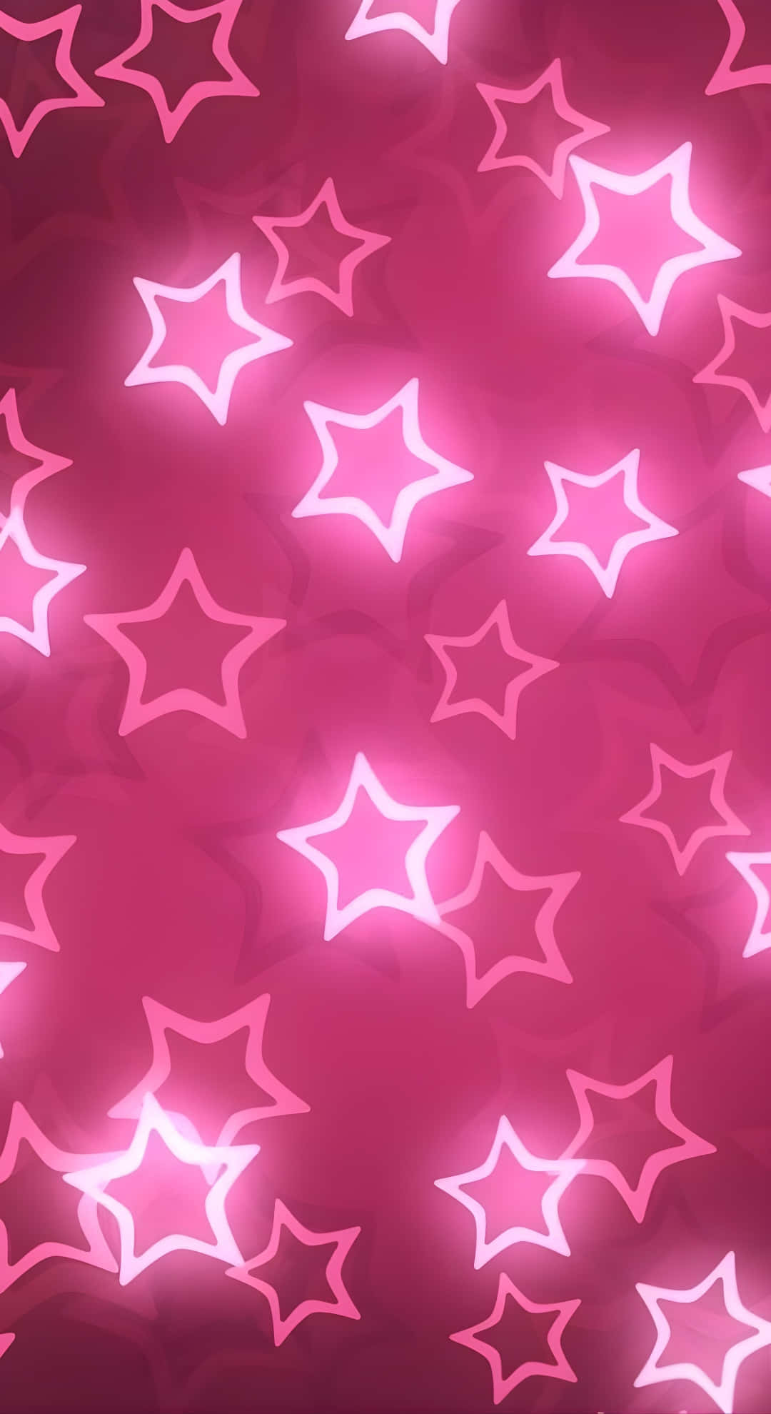 pink neon star pattern, vibrant pink background, glowing white outlined stars, Full HD Phone Wallpaper