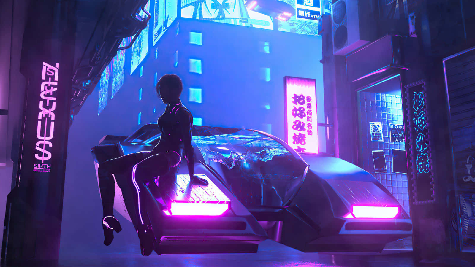Cyberpunk Neon Pink Aesthetic, neon-drenched cyberpunk alleyway, glowing purple hovercar, HD Desktop Wallpaper