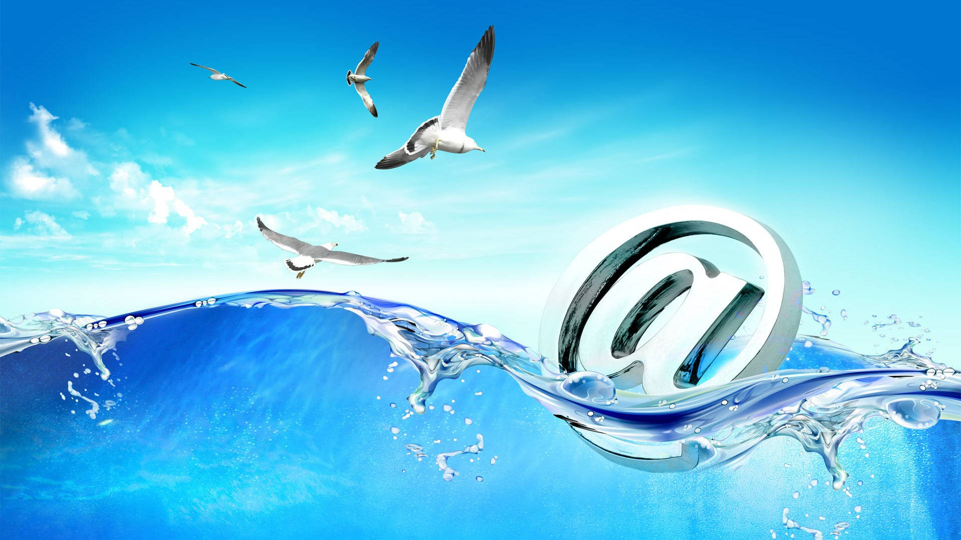 Gmail, blue wave, seagulls, Full HD Desktop Wallpaper