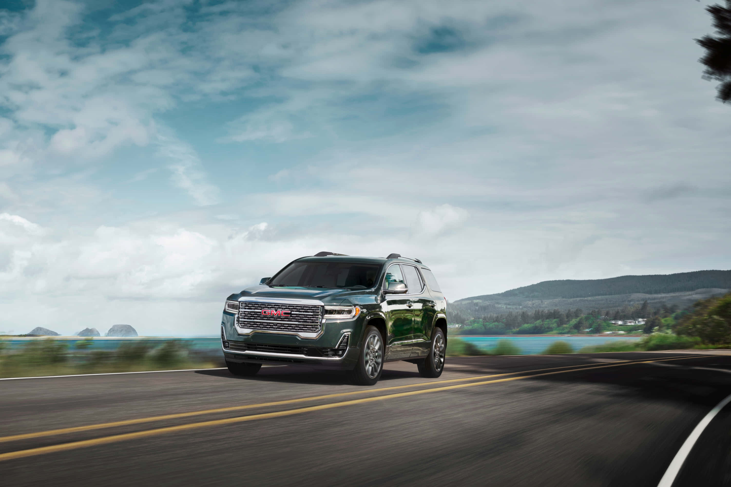 GMC Acadia, green, coastal highway, 2K Desktop Wallpaper