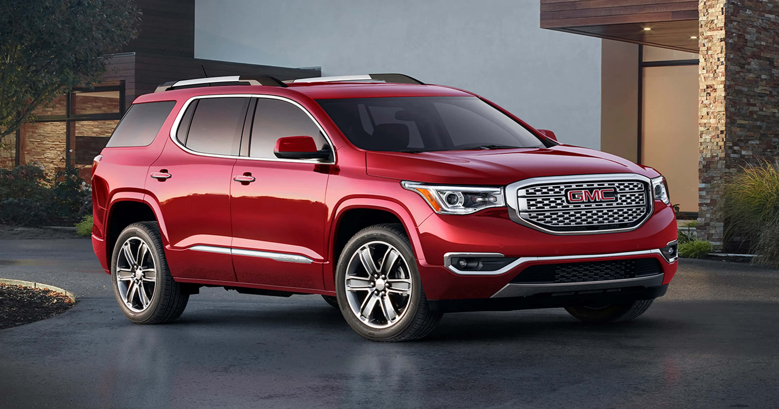 GMC Acadia, glossy red, modern house, 2K Desktop Wallpaper