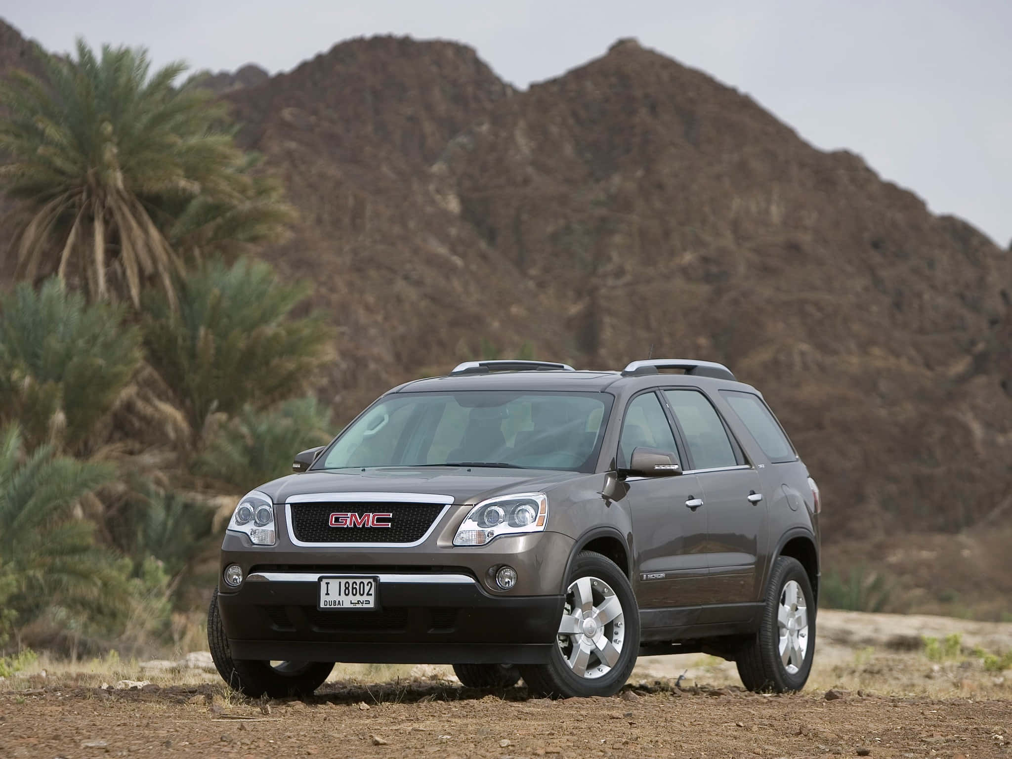 GMC Acadia, gray, palm trees, Full HD Desktop Wallpaper