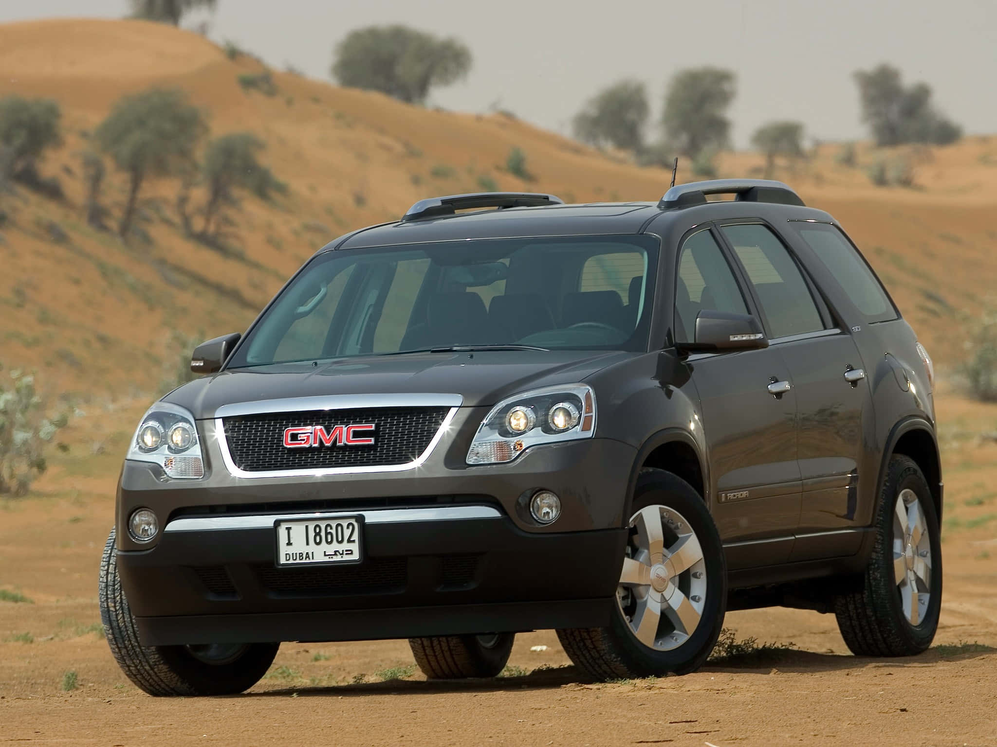 GMC Acadia, dark gray, sandy desert terrain, Full HD Desktop Wallpaper