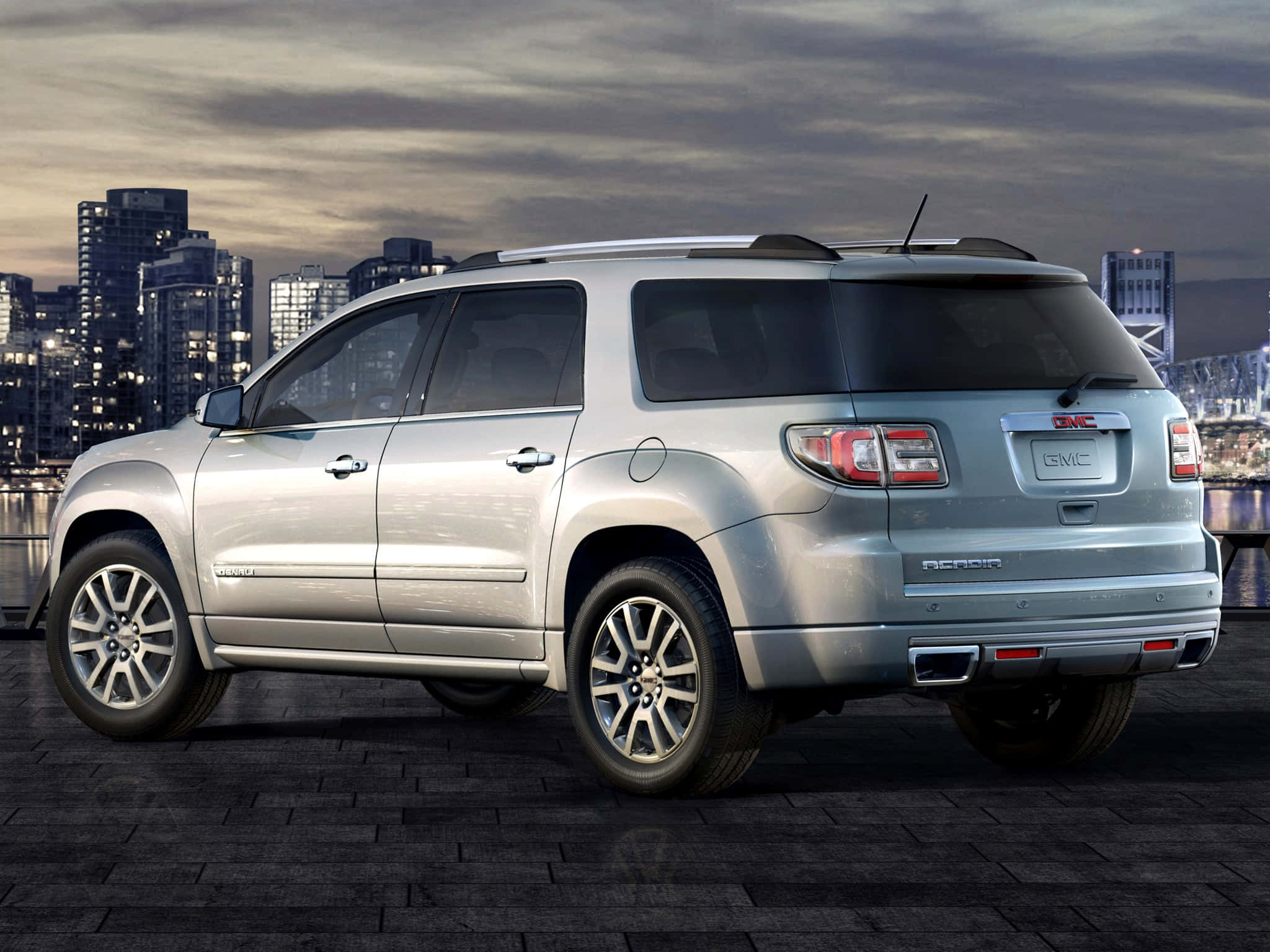 GMC Acadia, silver, dark brick waterfront, Full HD Desktop Wallpaper