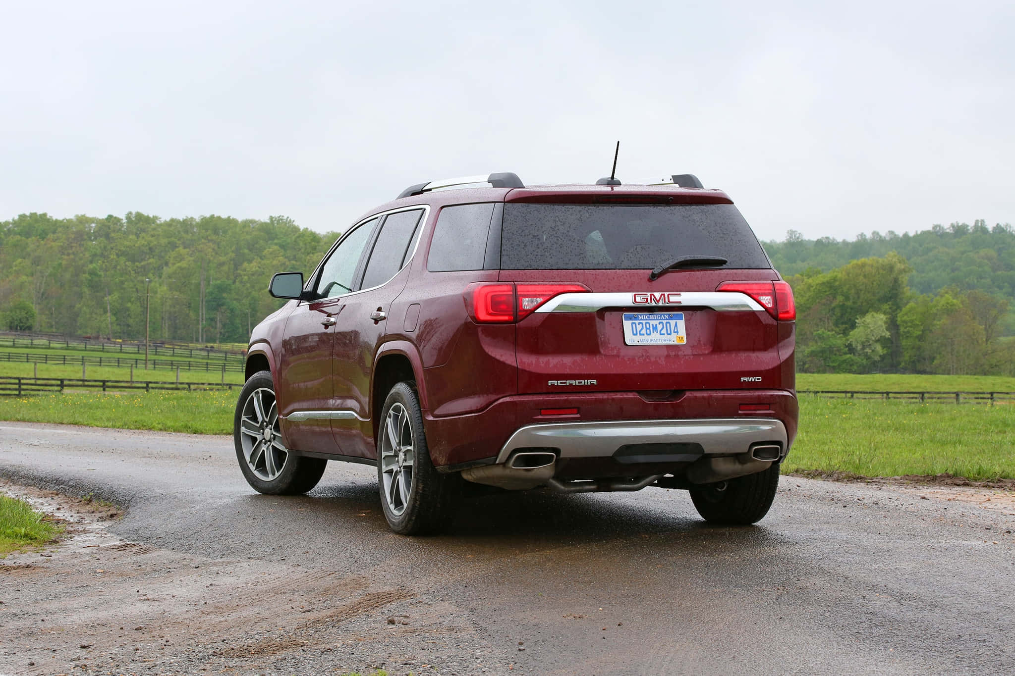 GMC Acadia, maroon, wet rural road, Full HD Desktop Wallpaper