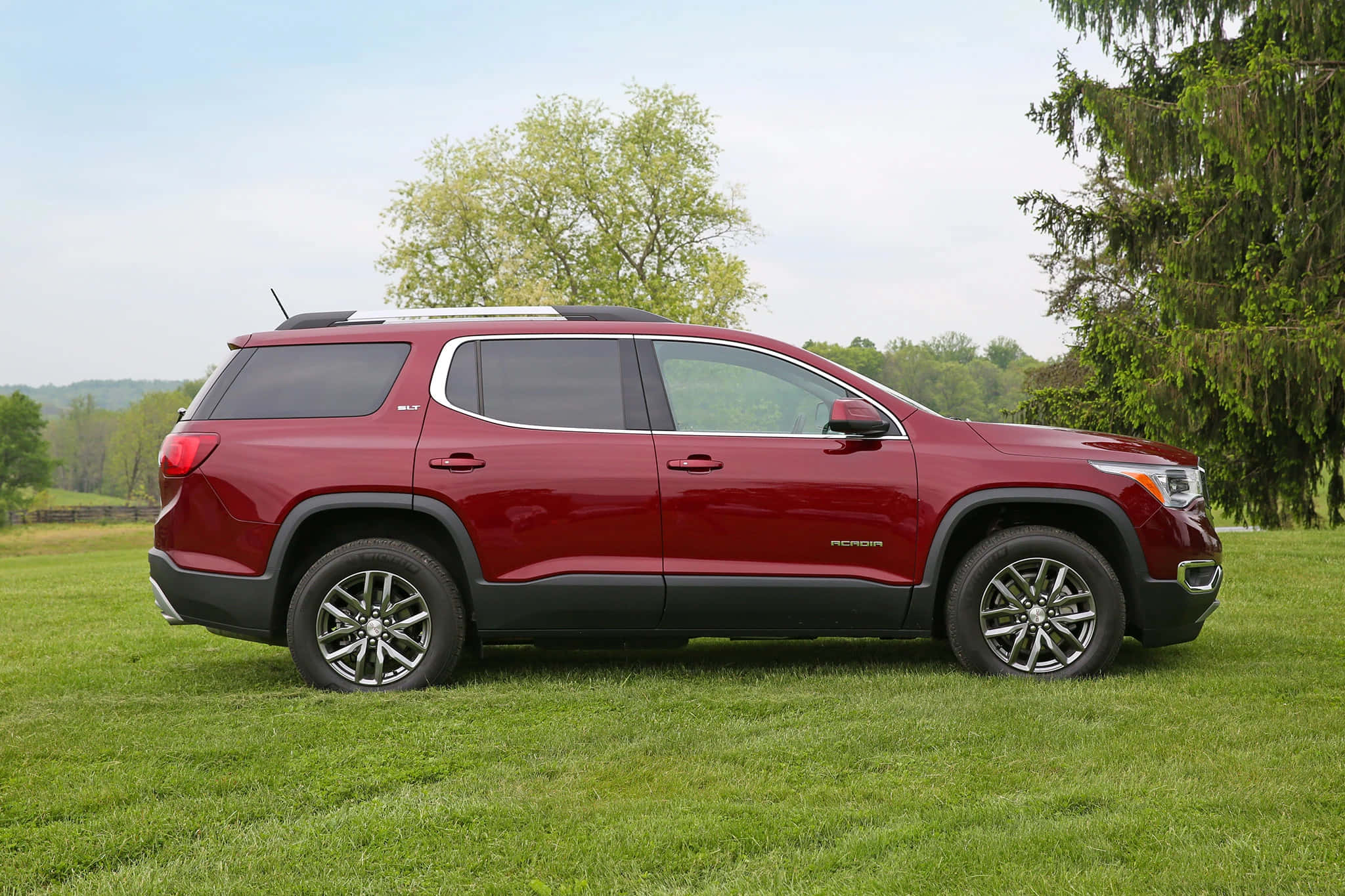 GMC Acadia, glossy red, lush green lawn, Full HD Desktop Wallpaper