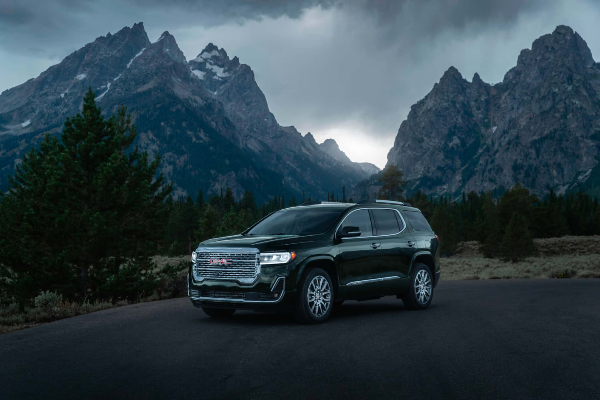 GMC Acadia, black, snow-dusted mountains, Full HD Desktop Wallpaper