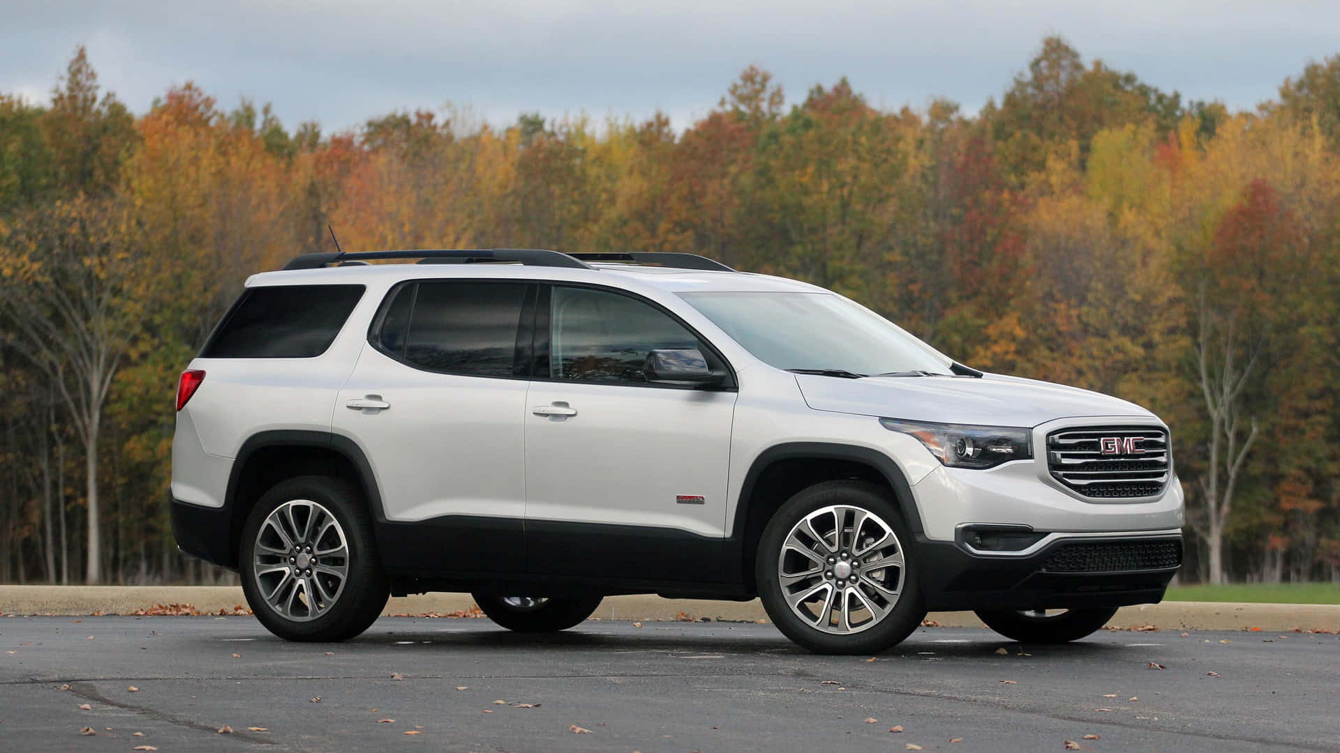 GMC Acadia, white, autumn trees, Full HD Desktop Wallpaper