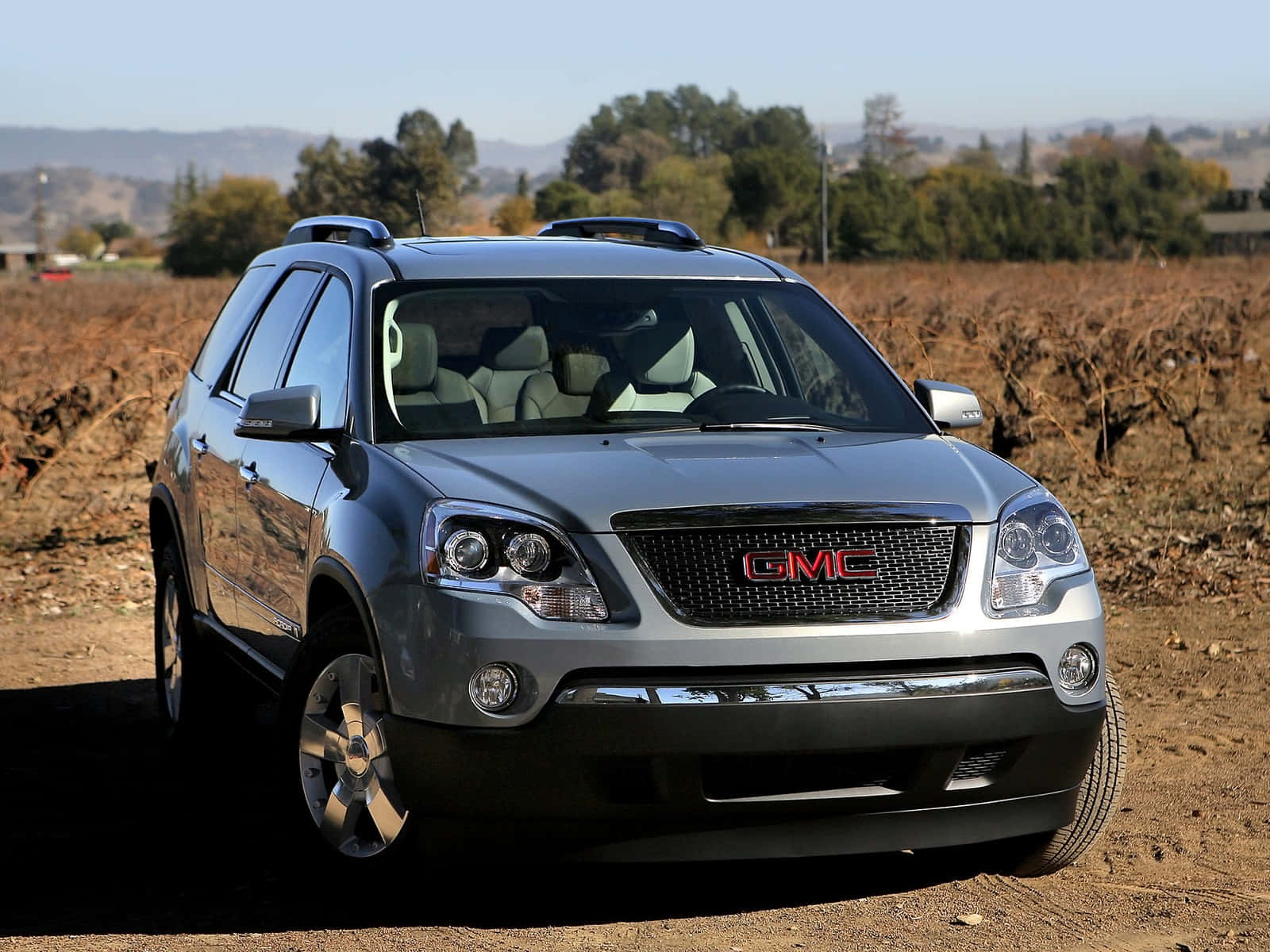GMC Acadia, silver, dirt road, HD Desktop Wallpaper