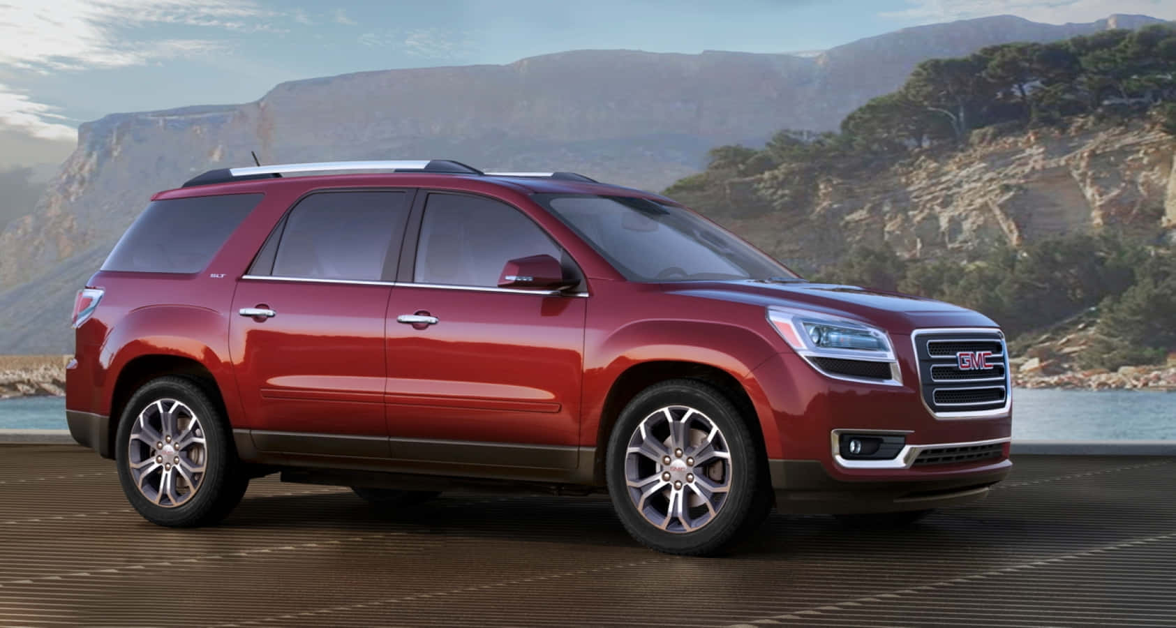 GMC Acadia, glossy red, wooden pier, HD Desktop Wallpaper