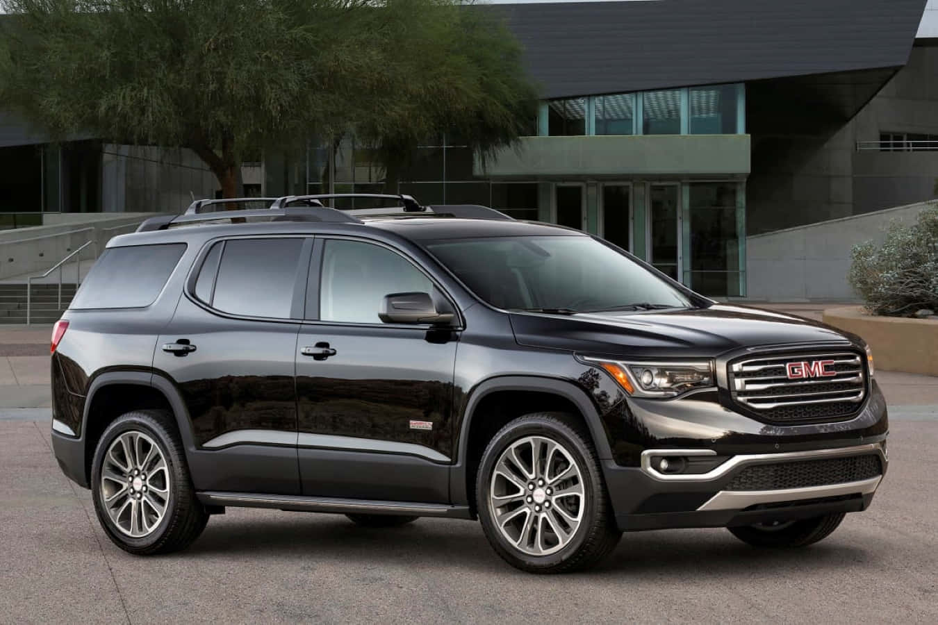 GMC Acadia, sleek black, modern glass building, HD Desktop Wallpaper
