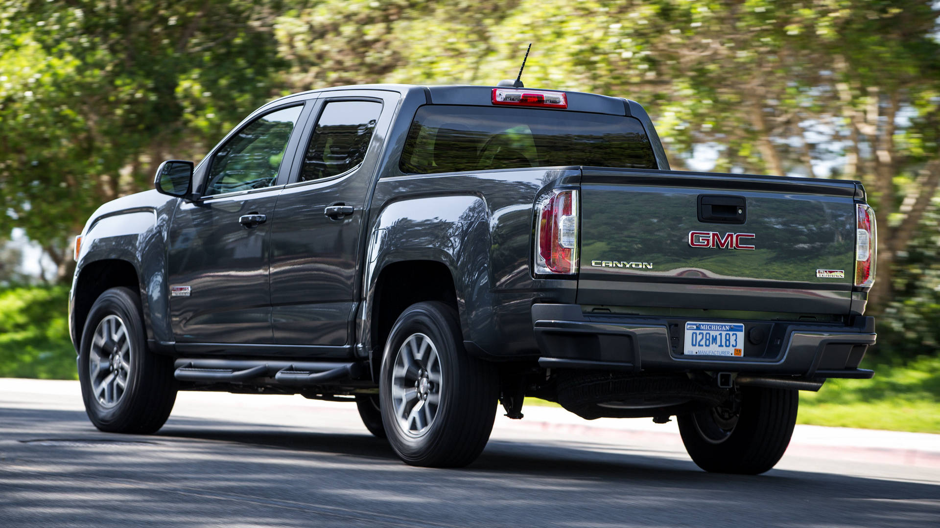 GMC Canyon, dark gray, sunlit road, Full HD Desktop Wallpaper